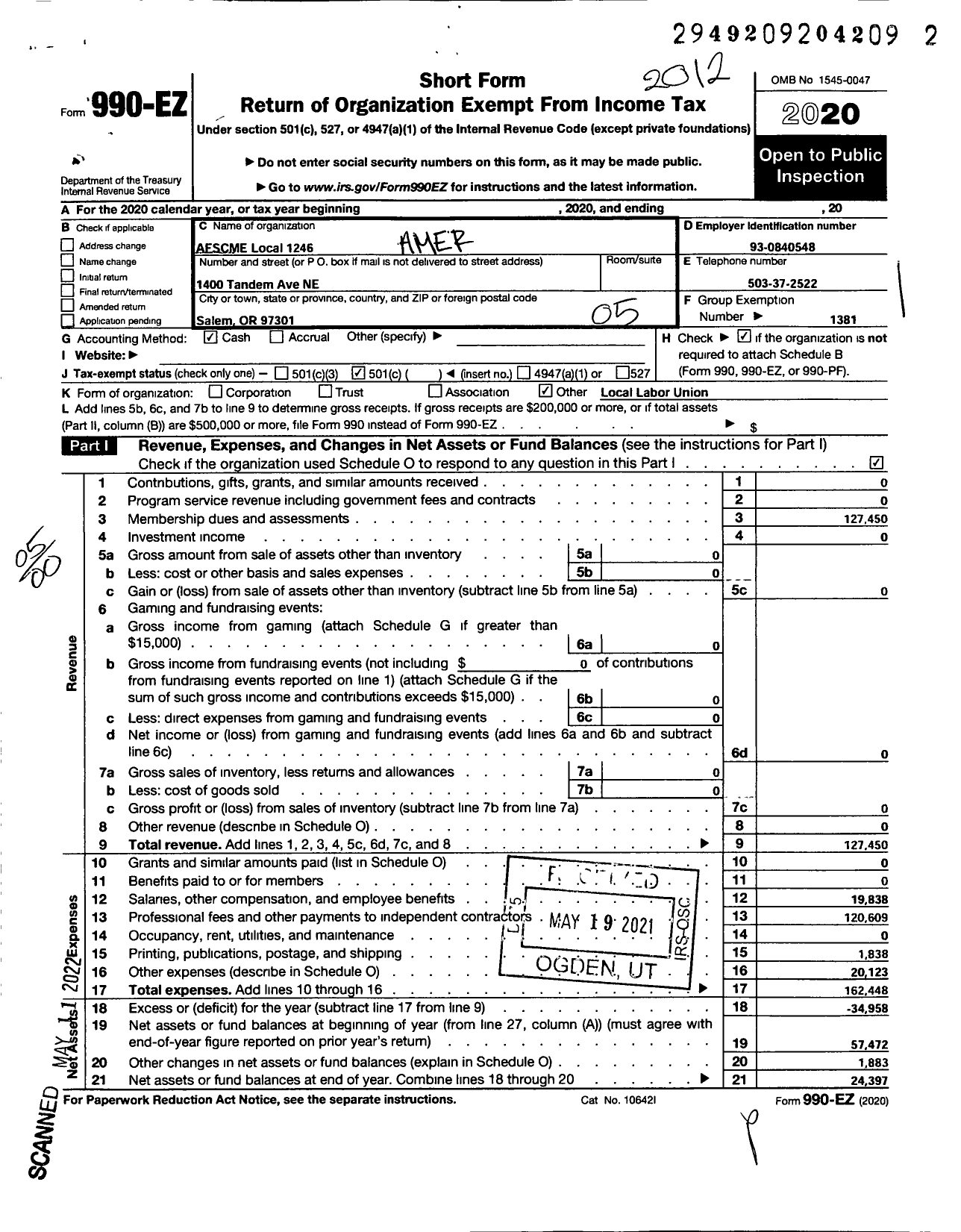 Image of first page of 2020 Form 990EO for American Federation of State County & Municipal Employees - L12460R Fairview Hosp Training Ctr