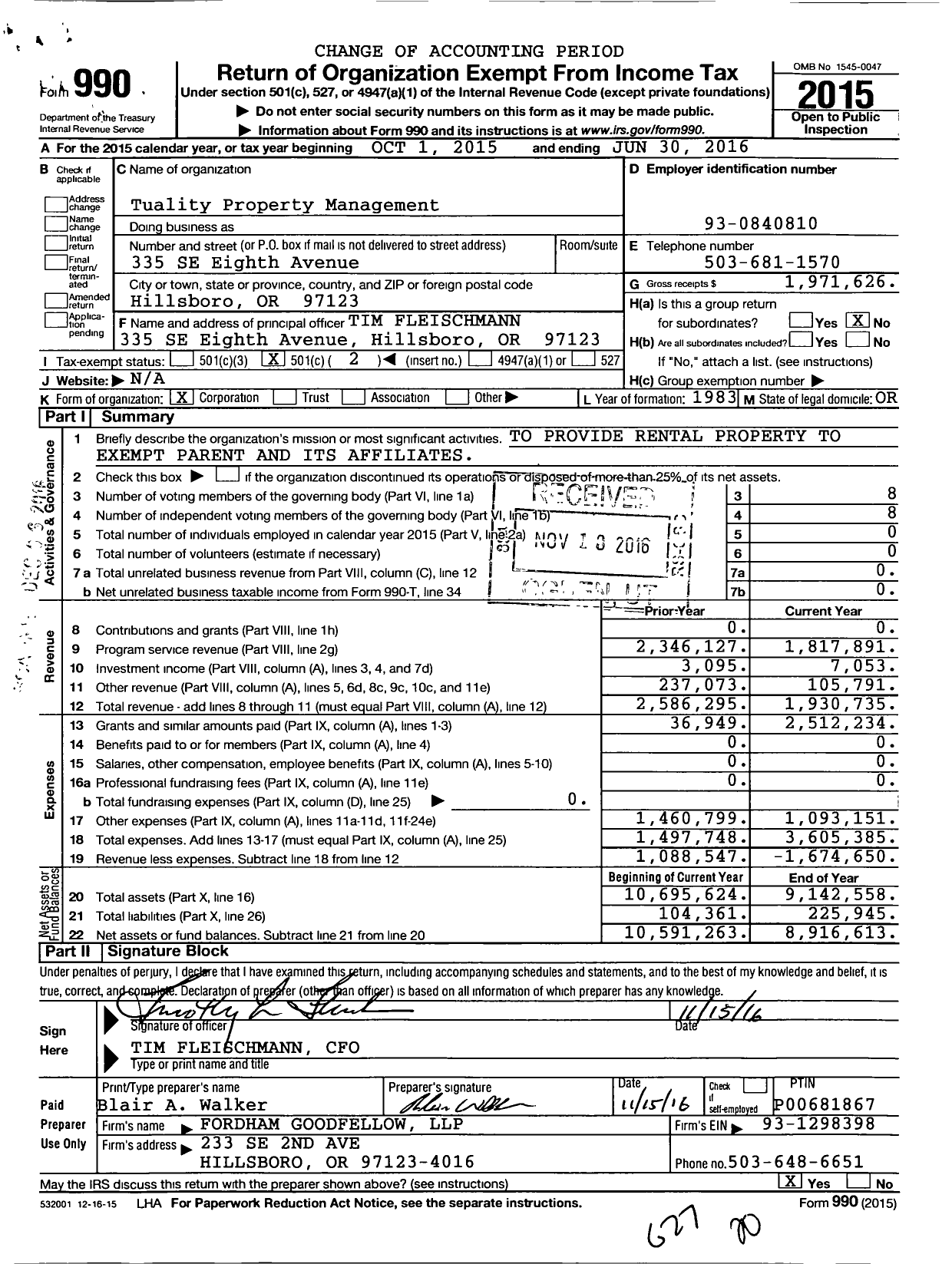 Image of first page of 2015 Form 990O for Tuality Property Management
