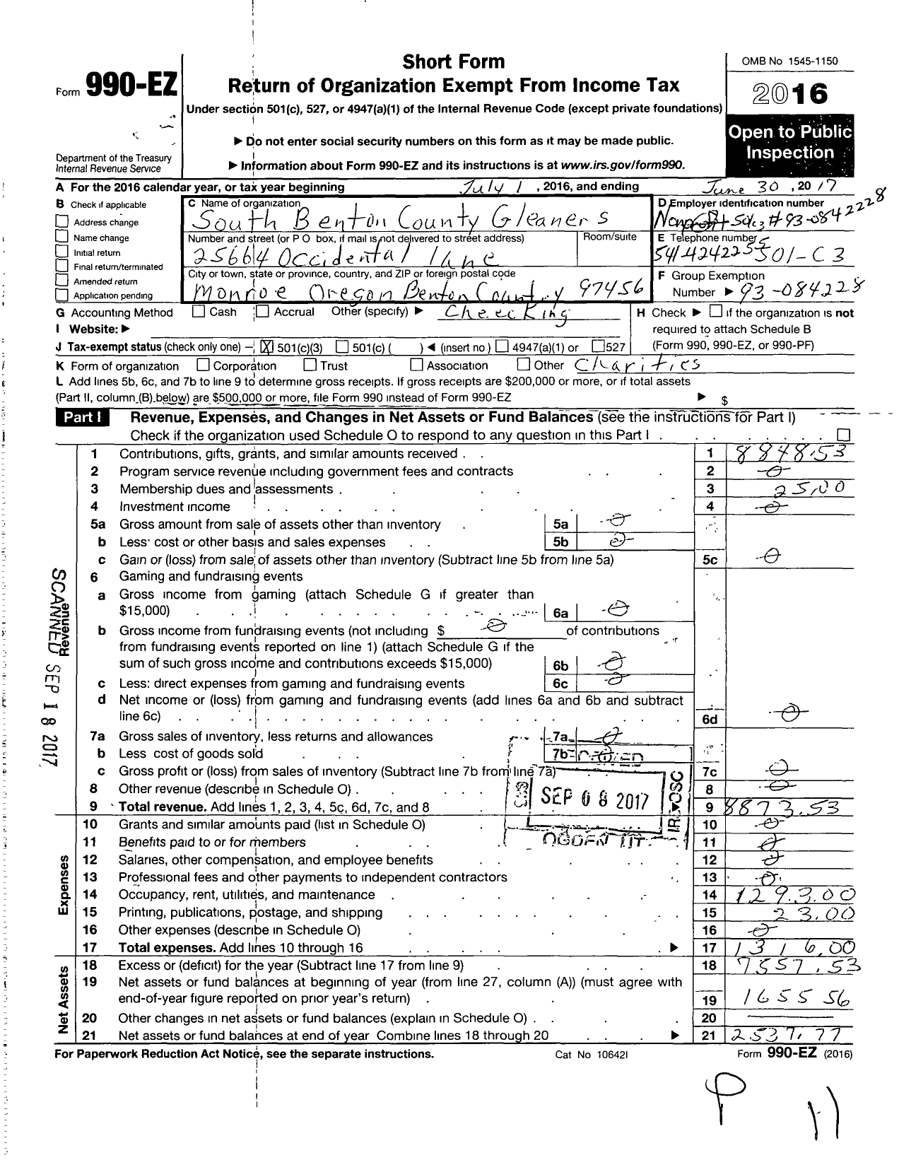 Image of first page of 2016 Form 990EZ for South Benton County Gleaners