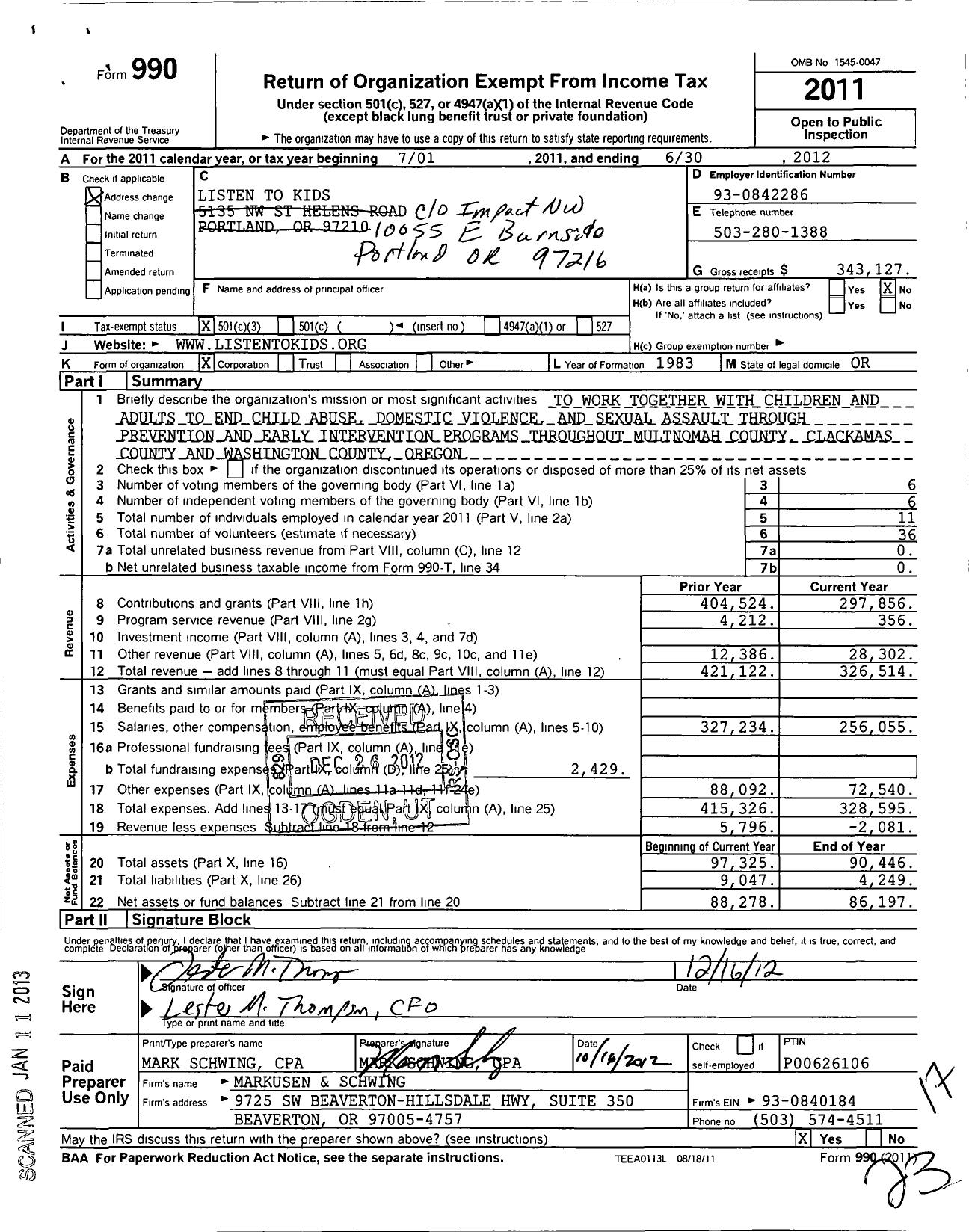 Image of first page of 2011 Form 990 for Listen To Kids