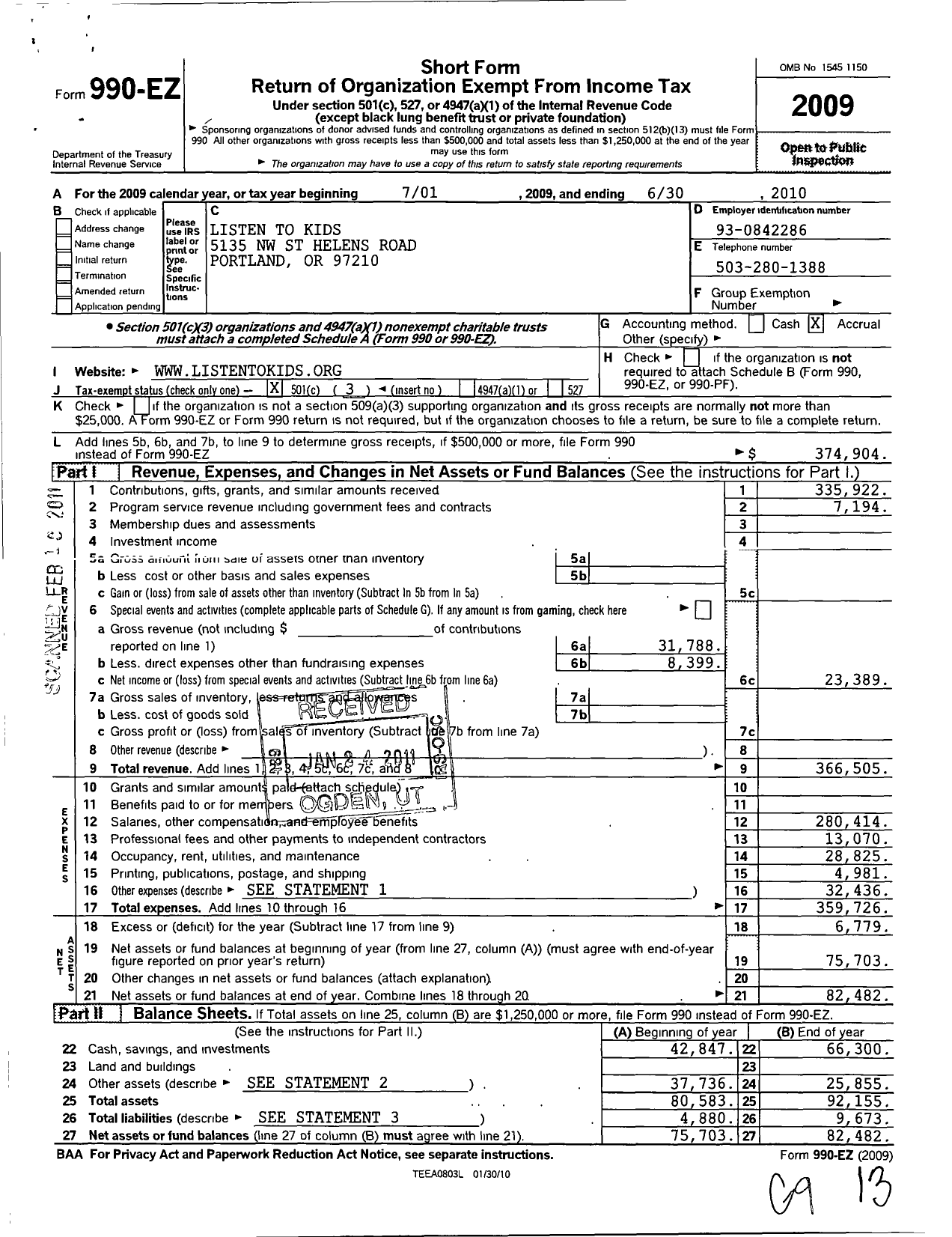 Image of first page of 2009 Form 990EZ for Listen To Kids