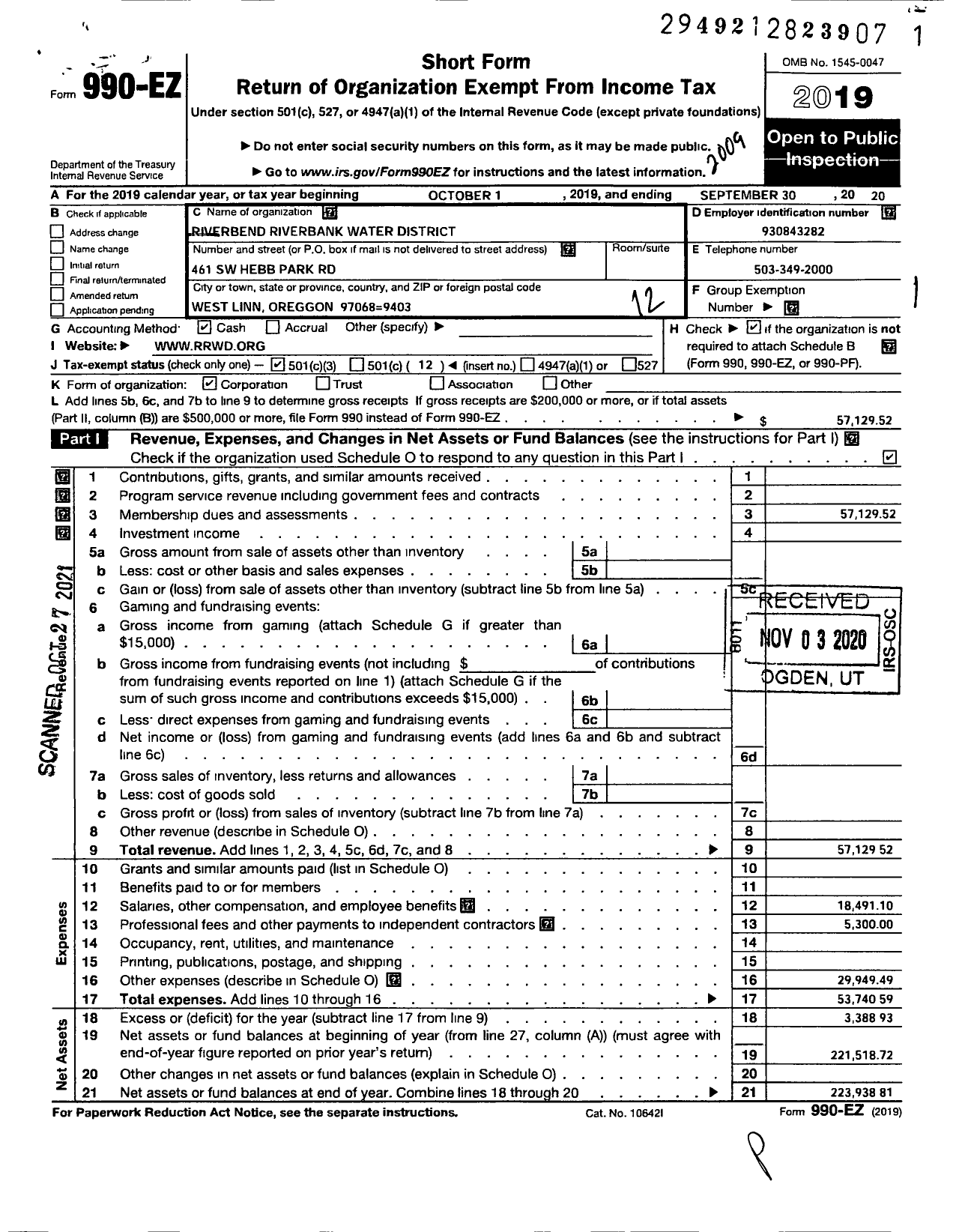 Image of first page of 2019 Form 990EO for Riverbend Riverbank Water Improvement District