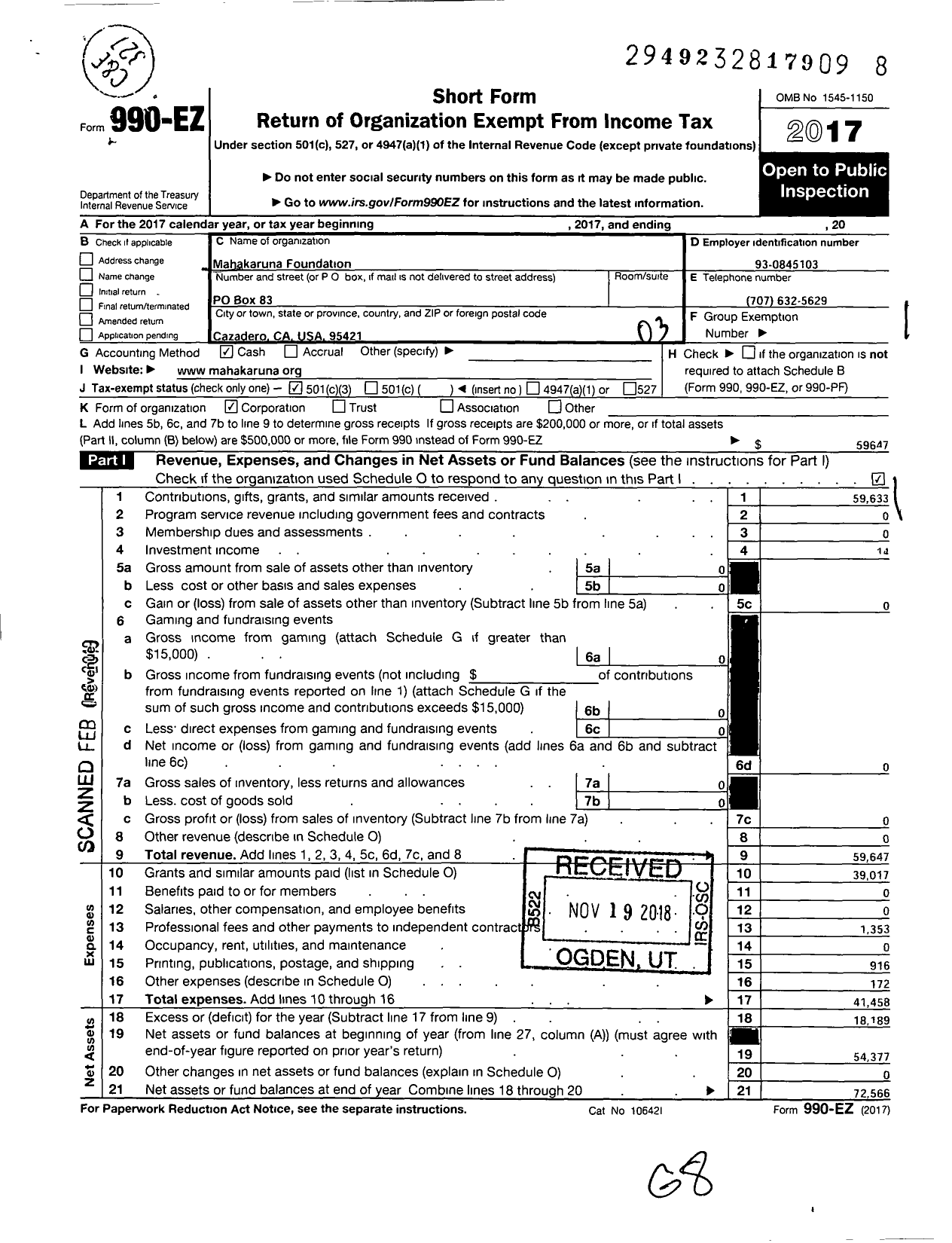 Image of first page of 2017 Form 990EZ for Mahakaruna Foundation