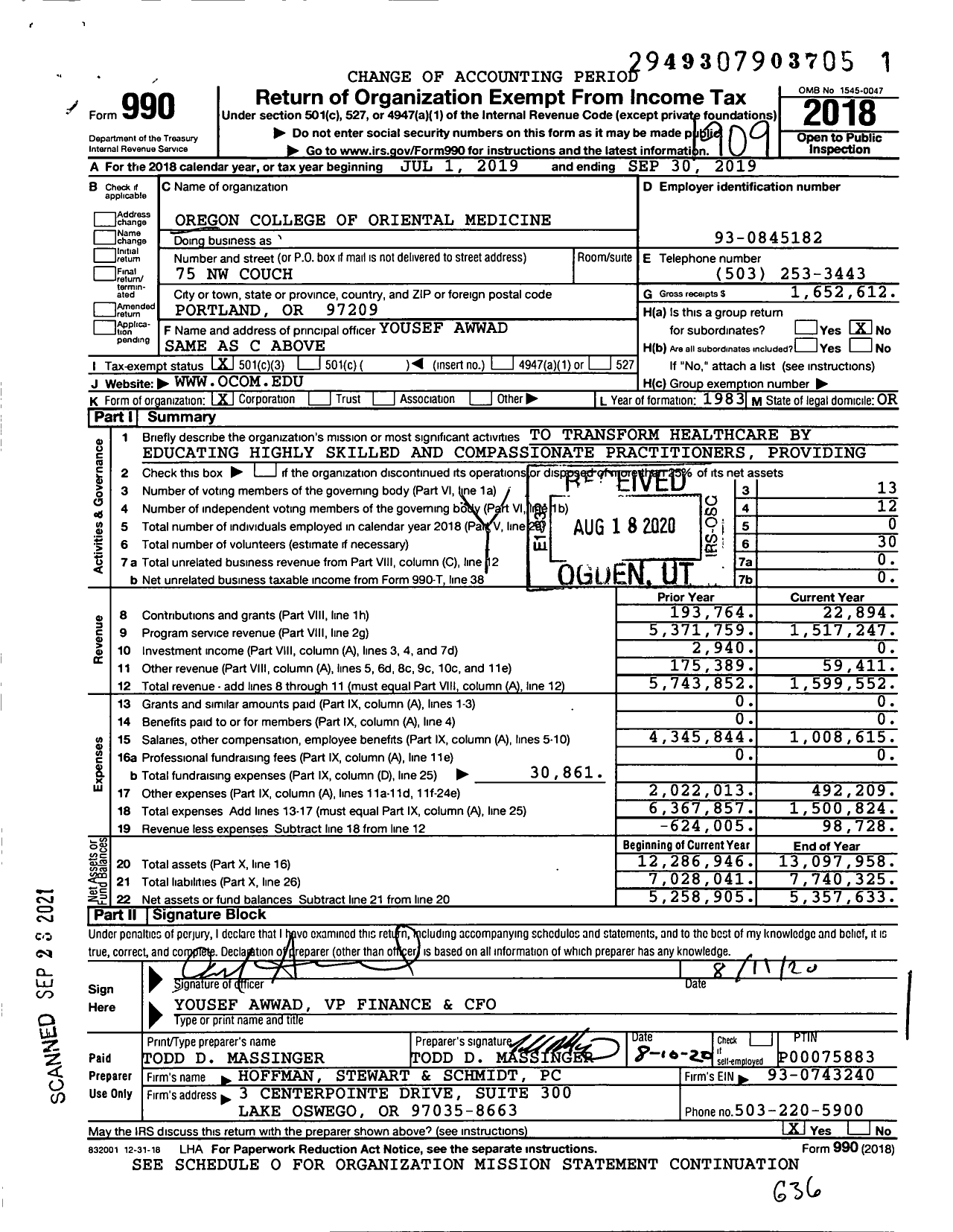Image of first page of 2018 Form 990 for Oregon College of Oriental Medicine (OCOM)