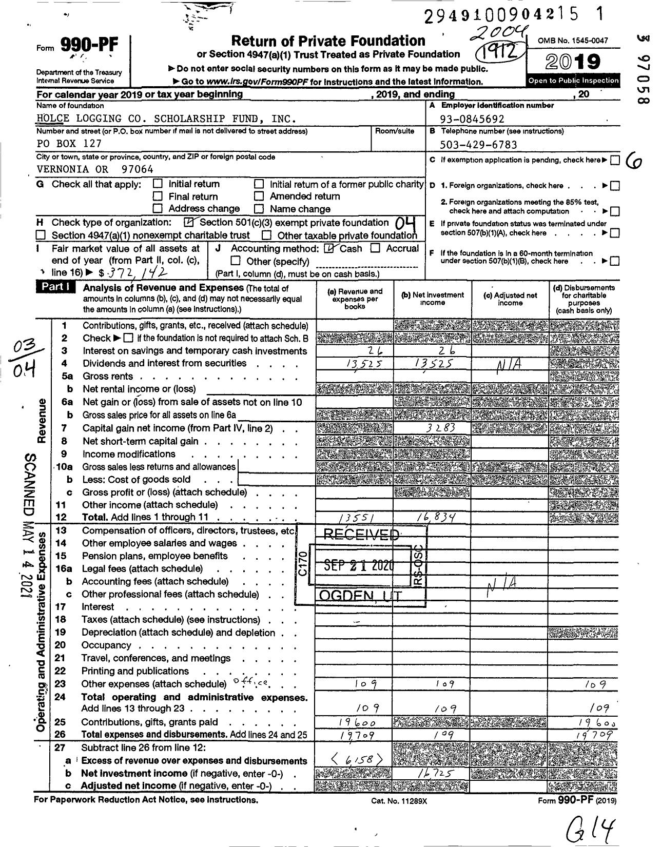 Image of first page of 2019 Form 990PF for Holce Logging Scholarship Fund