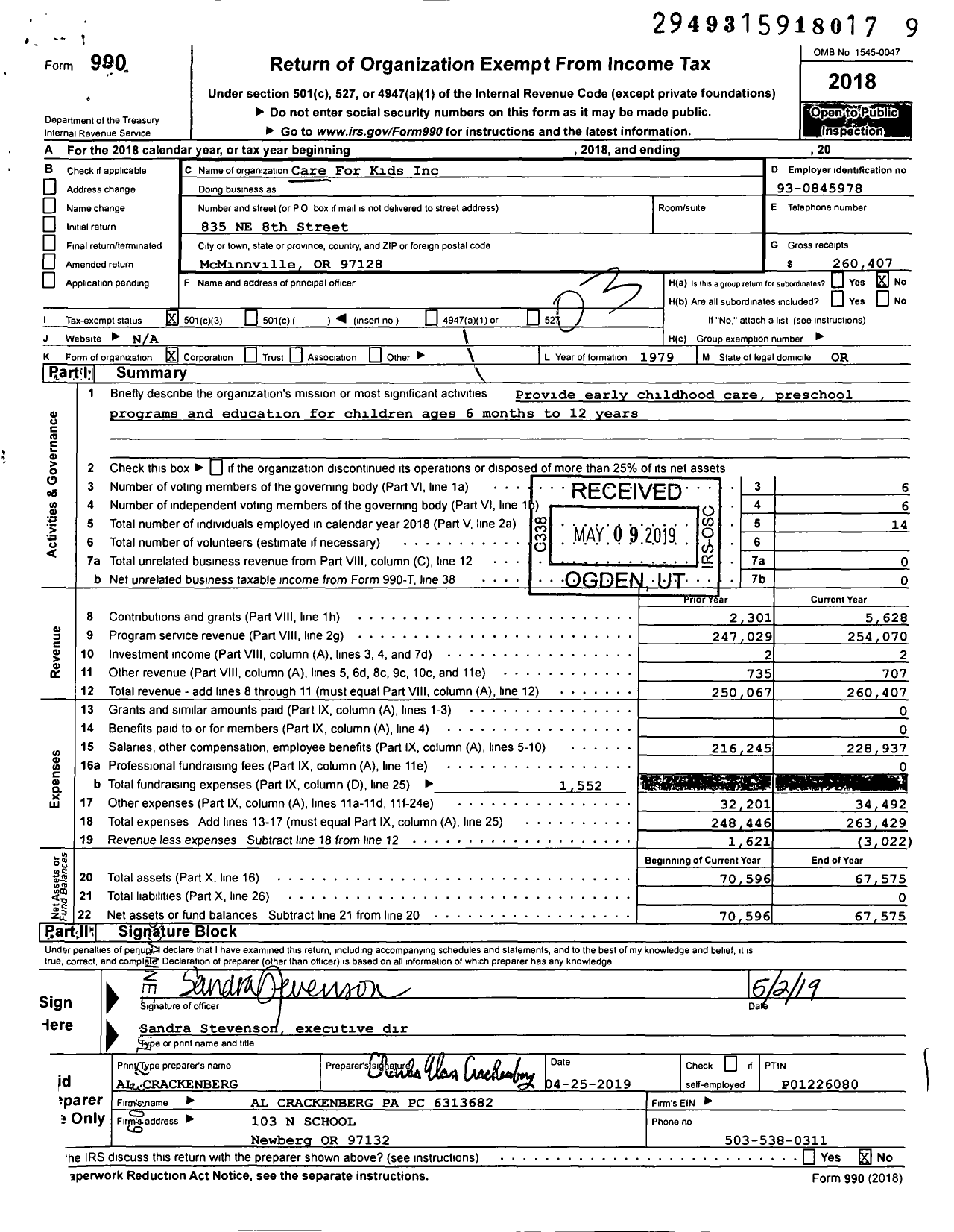Image of first page of 2018 Form 990 for Care for Kids