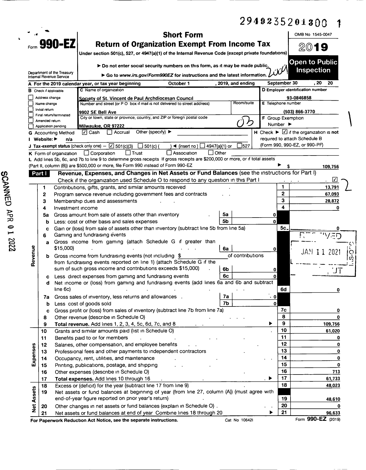 Image of first page of 2019 Form 990EZ for Society of St Vincent de Paul Archdiocesan Council of Portland