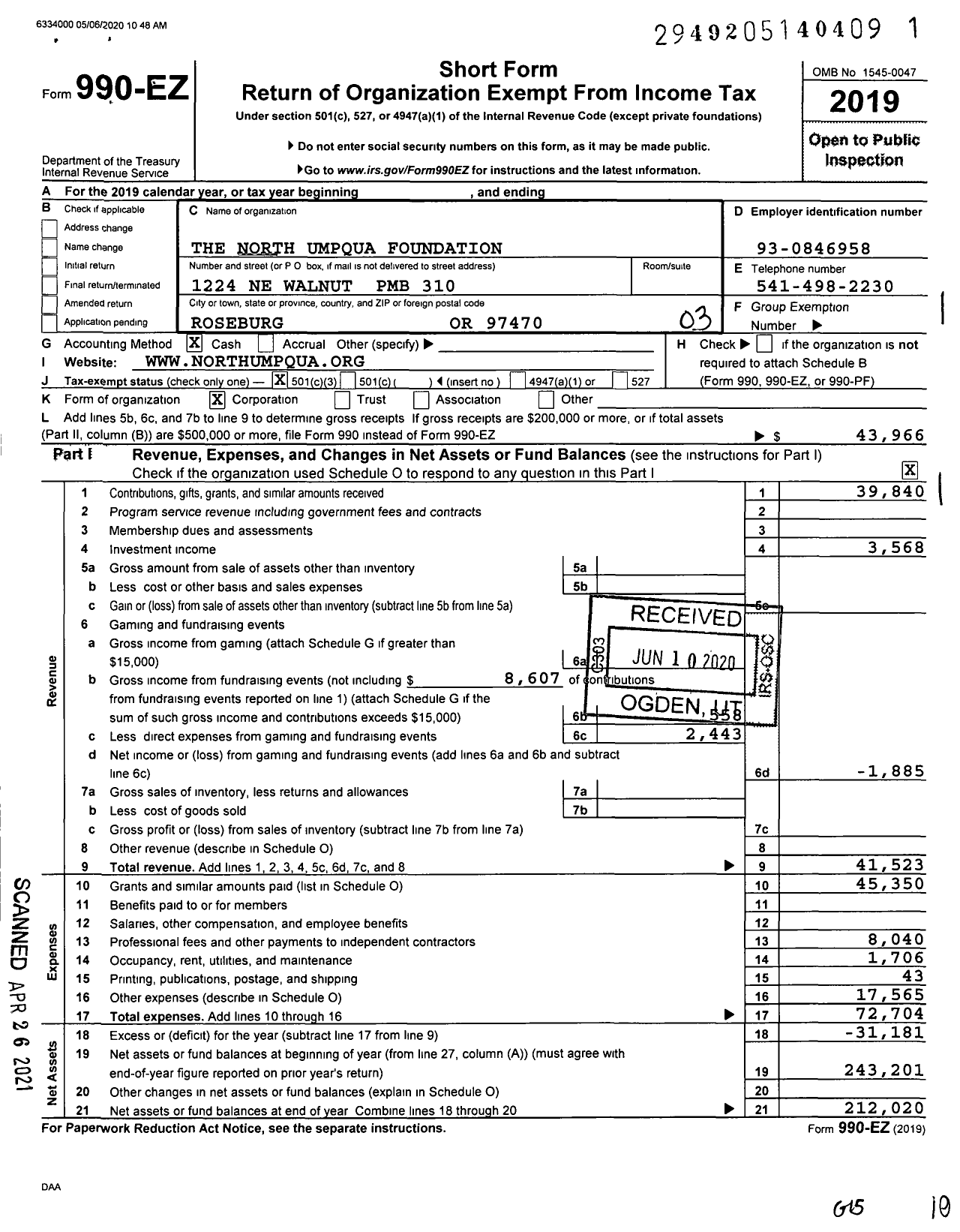 Image of first page of 2019 Form 990EZ for The North Umpqua Foundation