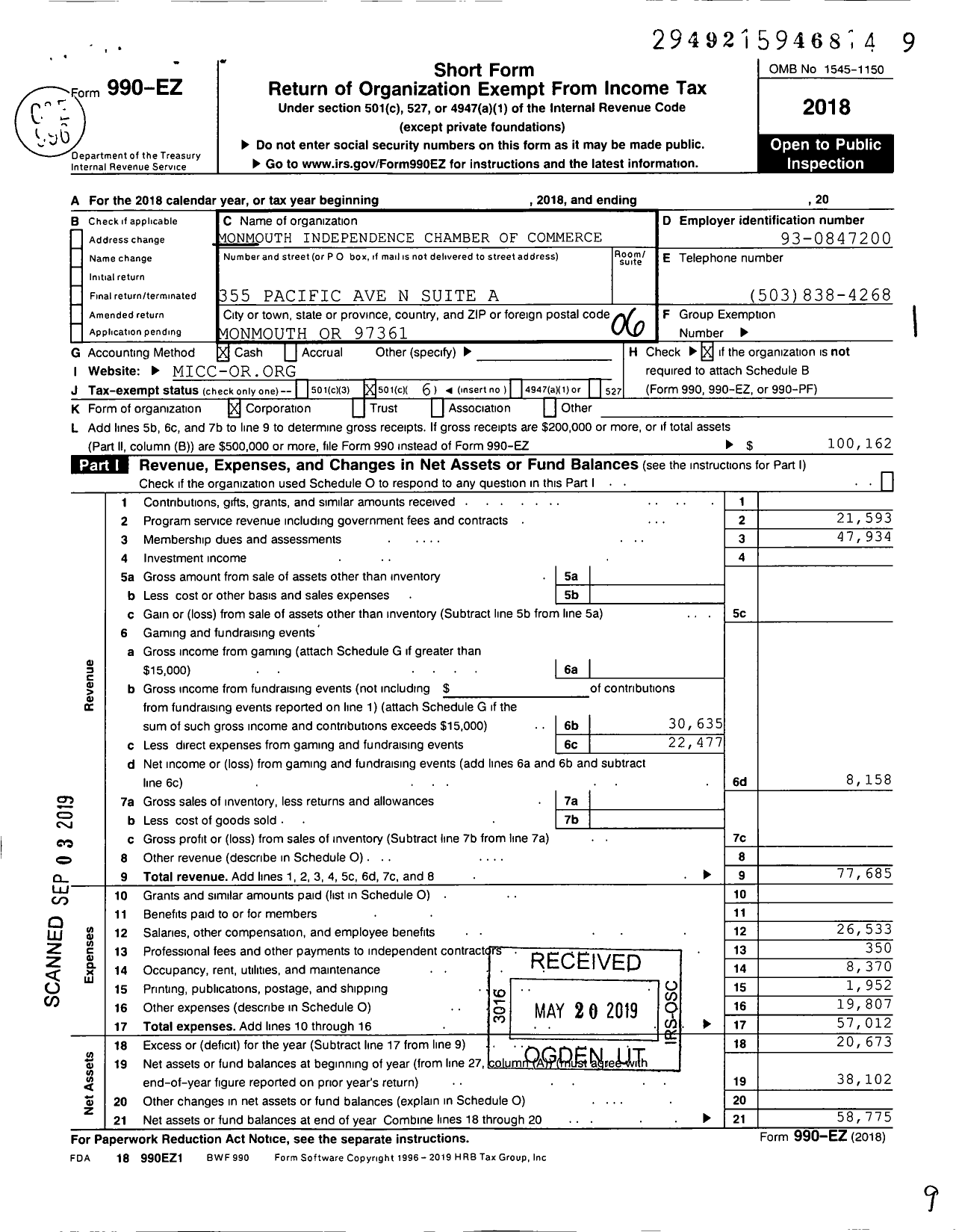 Image of first page of 2018 Form 990EO for Monmouth Independence Chamber of Commerce