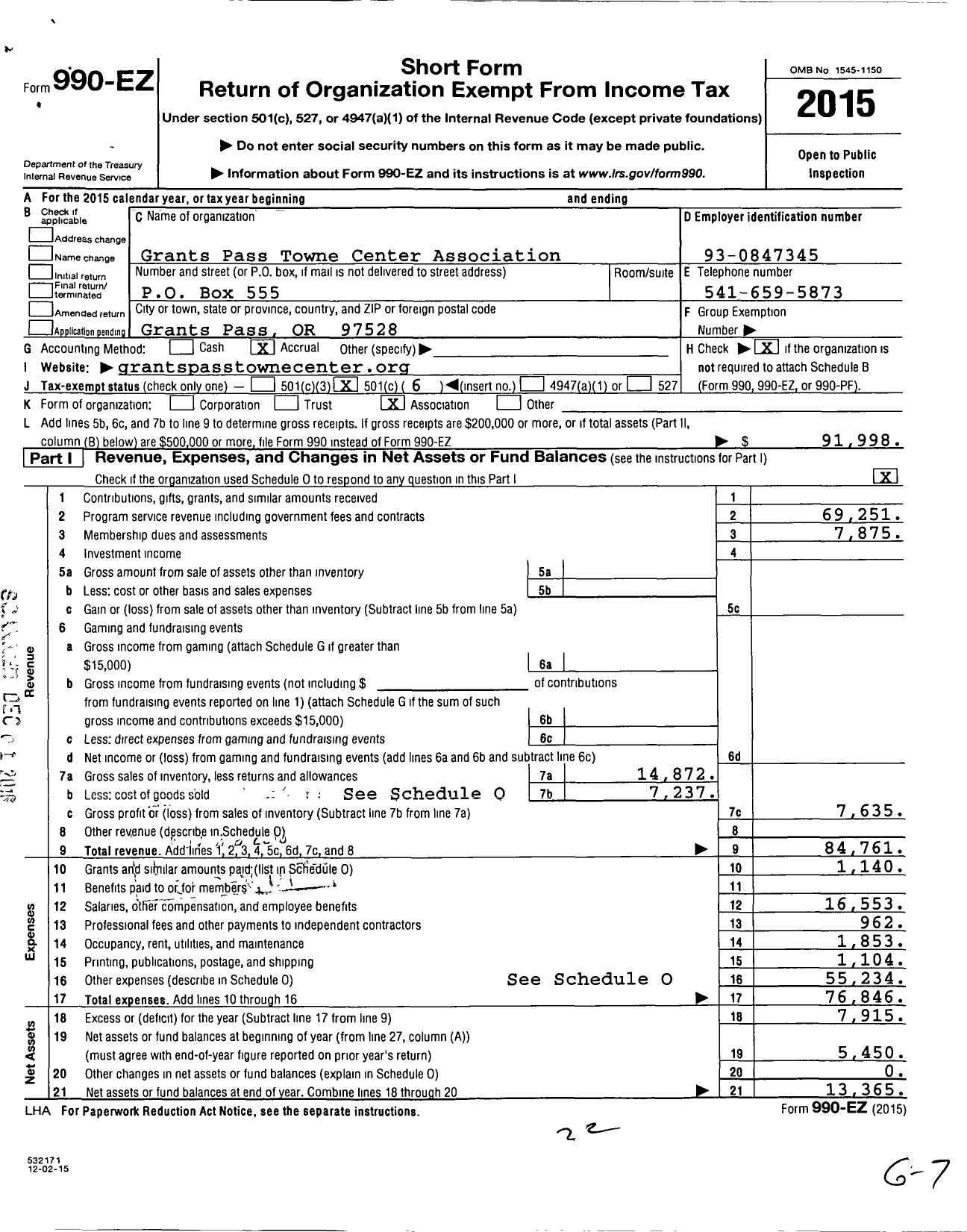 Image of first page of 2015 Form 990EO for Grants Pass Towne Center Association