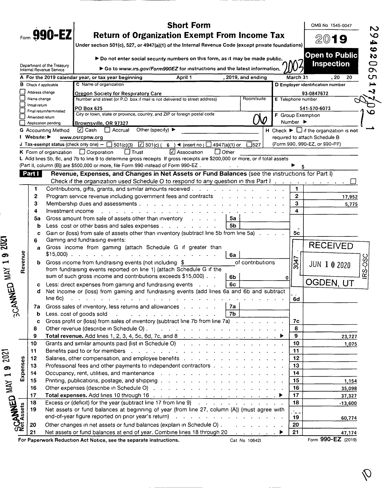 Image of first page of 2019 Form 990EO for American Association for Respiratory Therapy