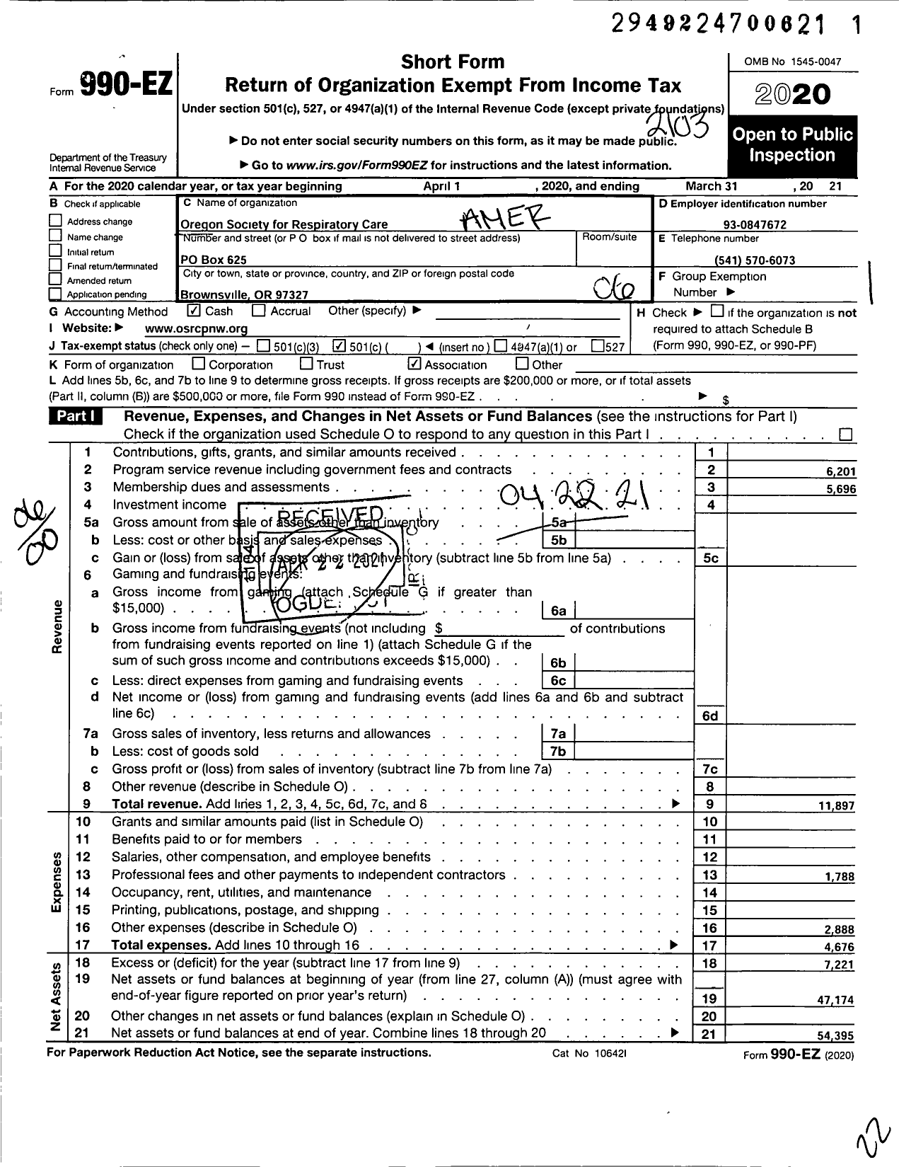 Image of first page of 2020 Form 990EO for American Association for Respiratory Therapy