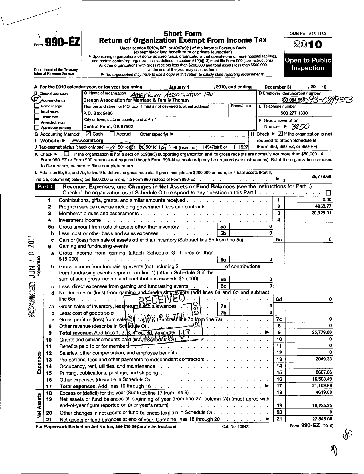 Image of first page of 2010 Form 990EO for Oregon Association for Marriage and Family Therapy