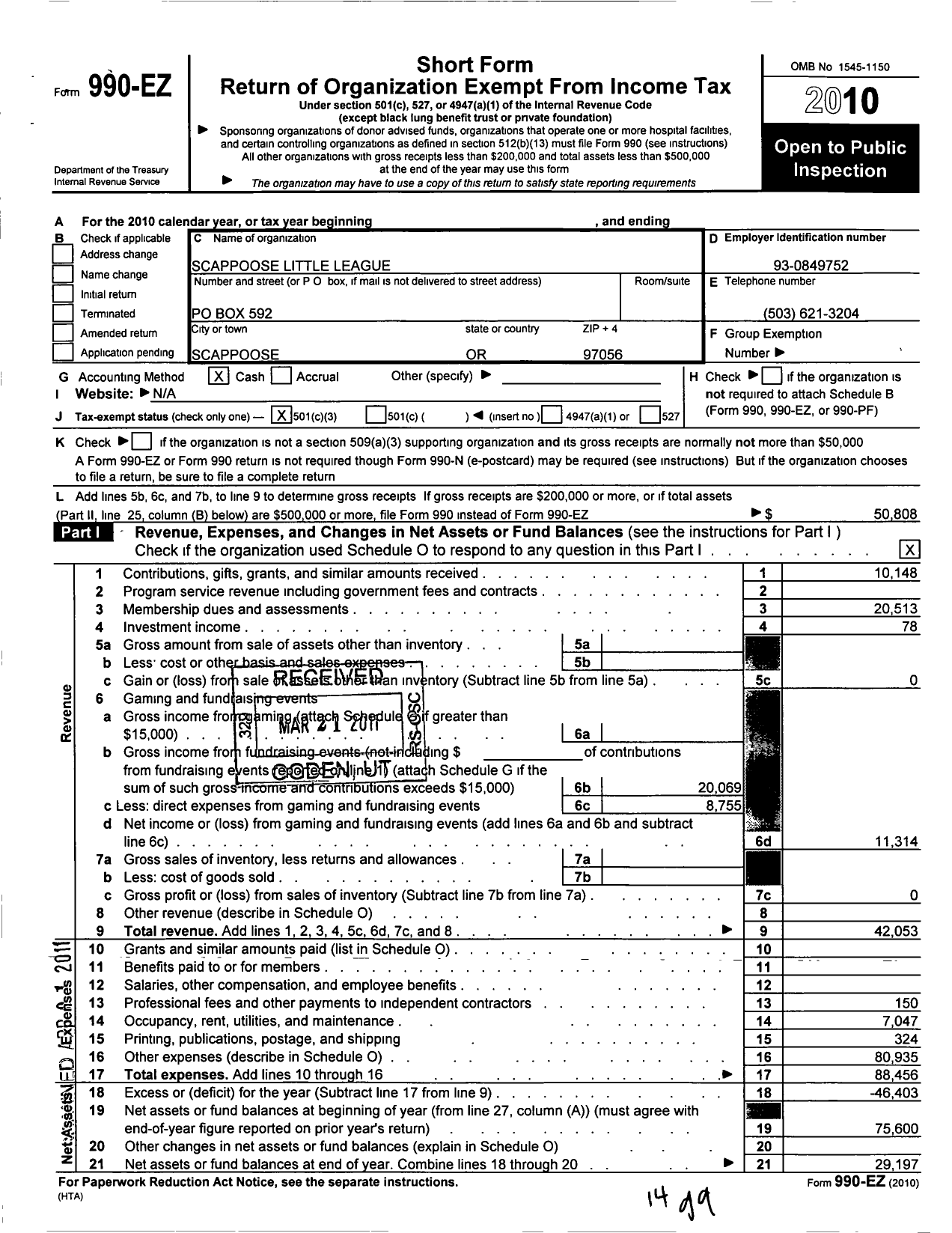 Image of first page of 2010 Form 990EZ for Little League Baseball - 4370119 Scappoose LL