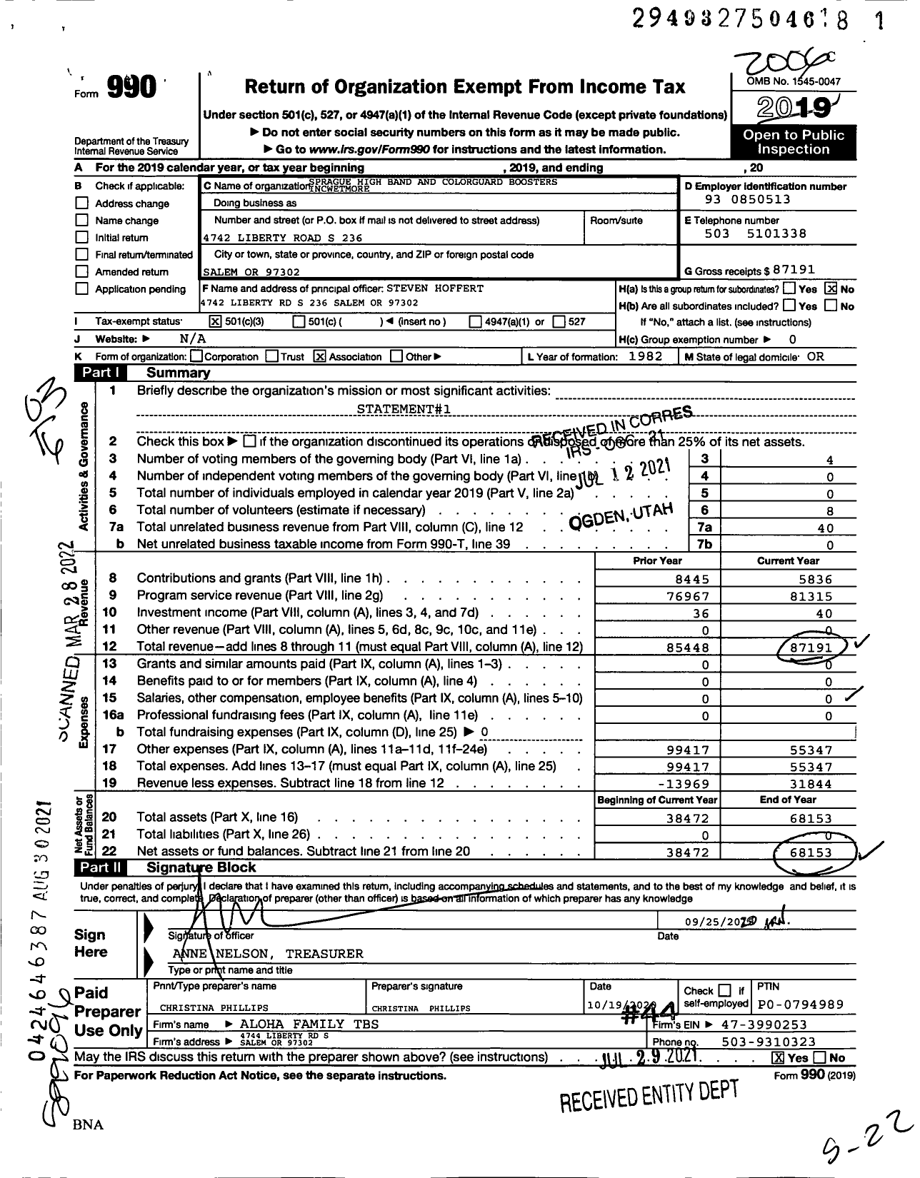 Image of first page of 2019 Form 990 for Sprague High Band and Colorguard Boosters Incwetmore