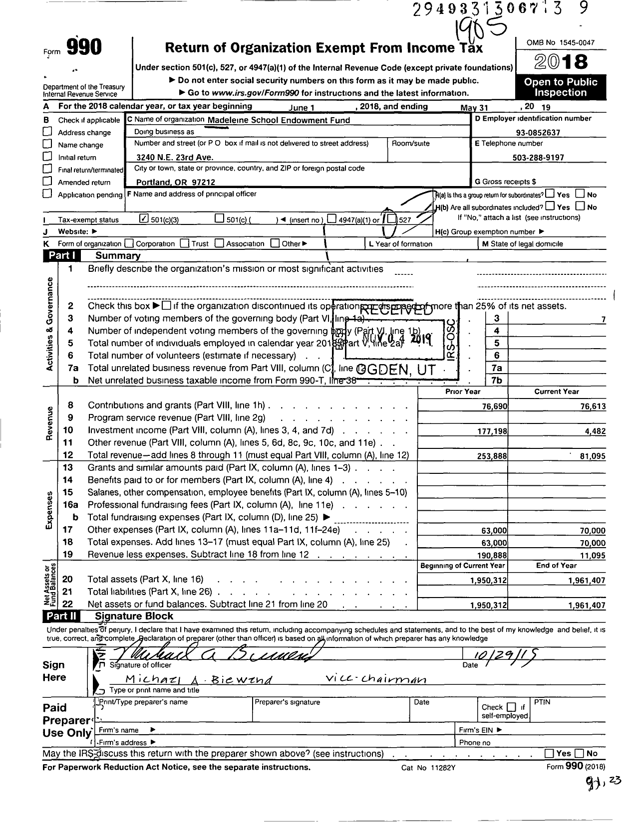 Image of first page of 2018 Form 990 for Madeleine School Endowment Fund