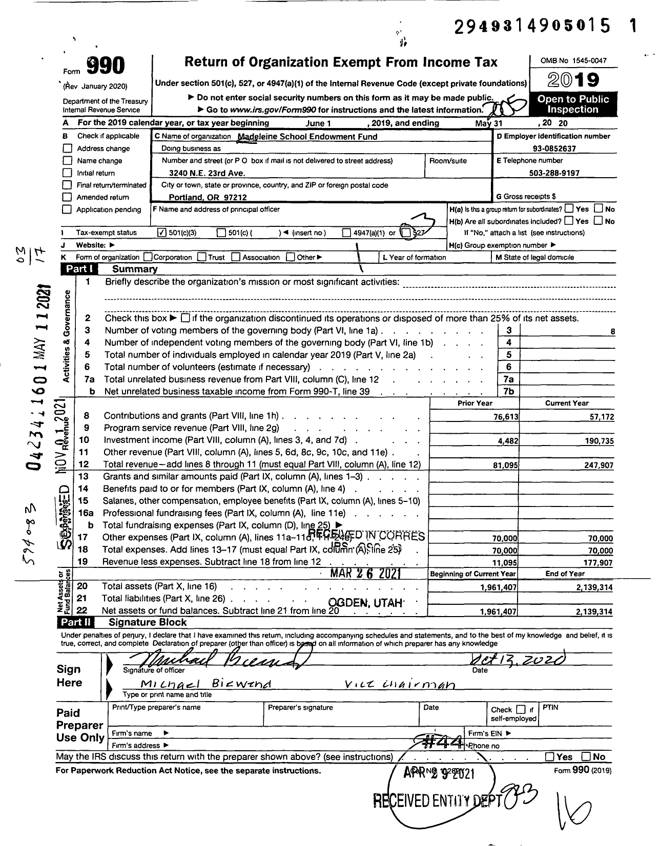 Image of first page of 2019 Form 990 for Madeleine School Endowment Fund