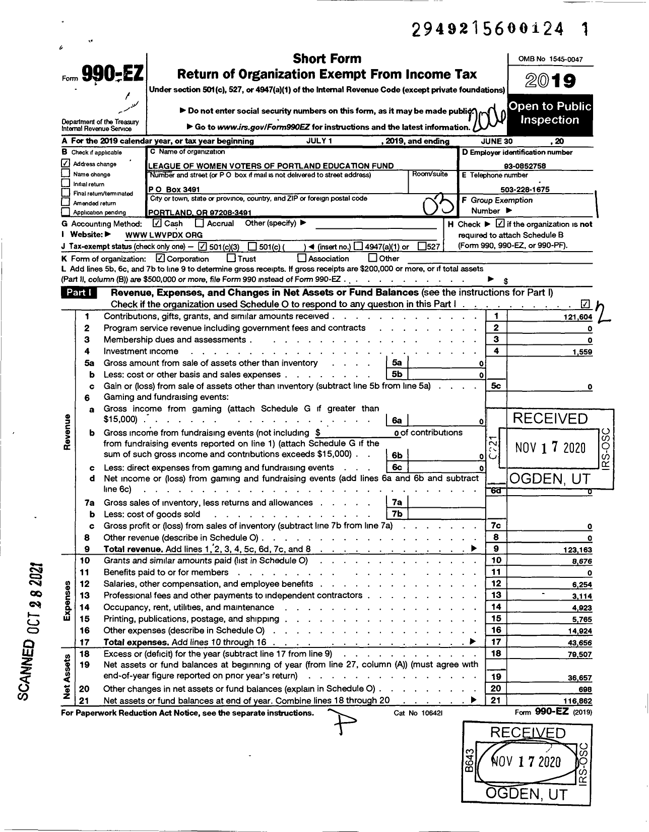 Image of first page of 2019 Form 990EZ for League of Women Voters of Portland Education Fund