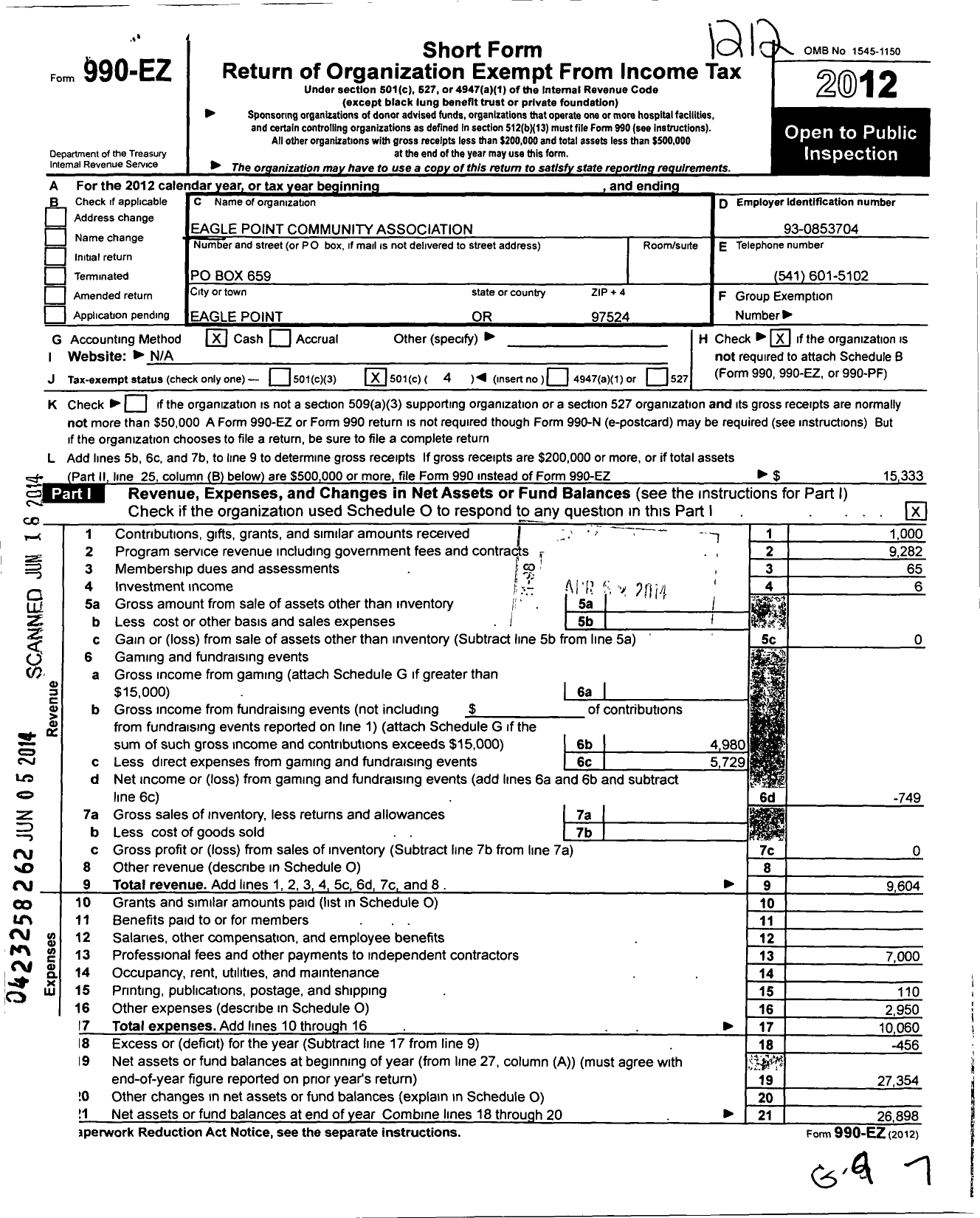 Image of first page of 2012 Form 990EO for Eagle Point Community Association