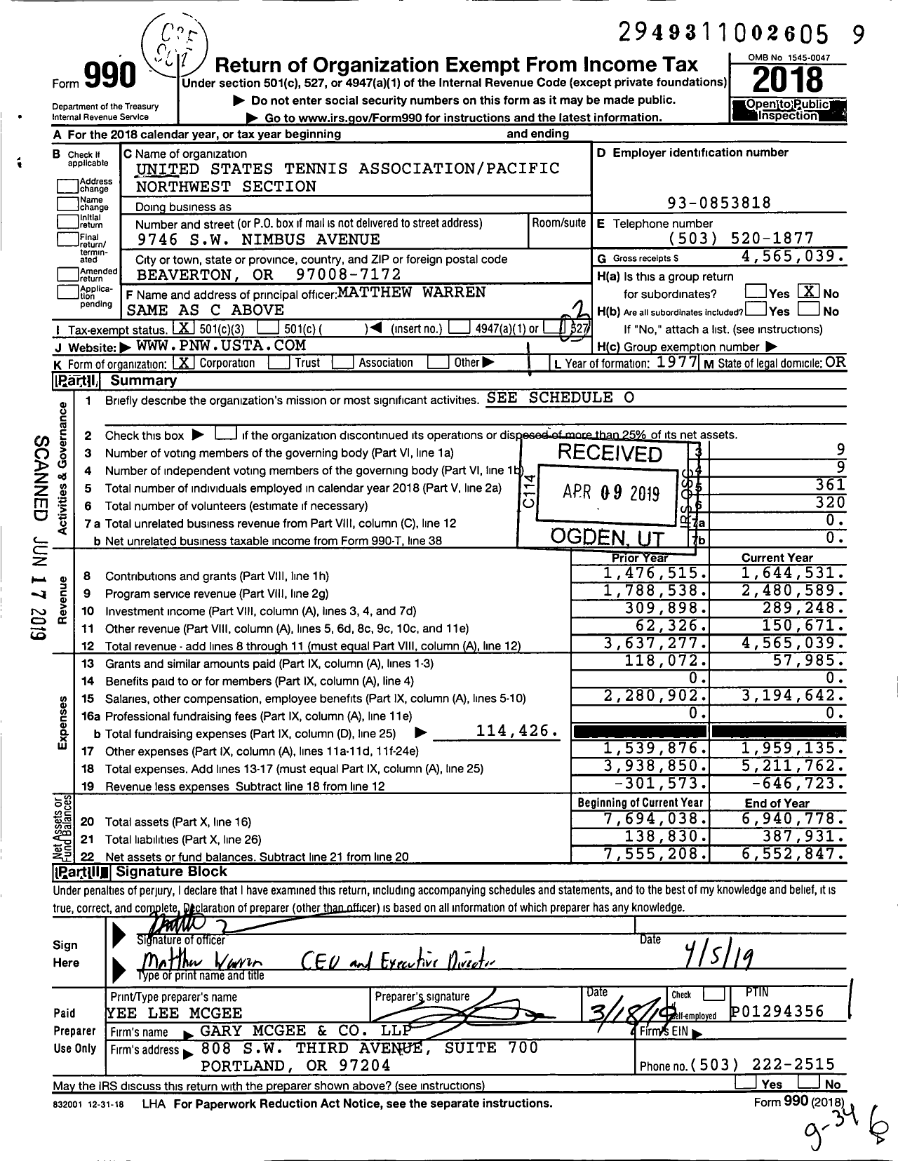 Image of first page of 2018 Form 990 for Usta-Pacific Northwest Section