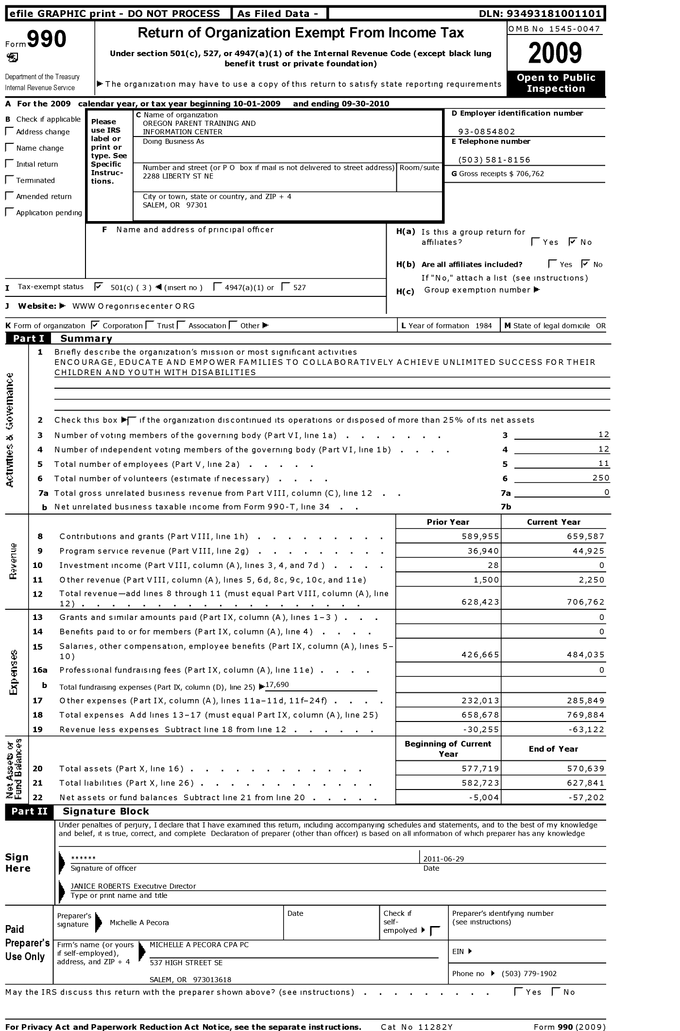 Image of first page of 2009 Form 990 for R I S E Oregon Parent Training and Information Center