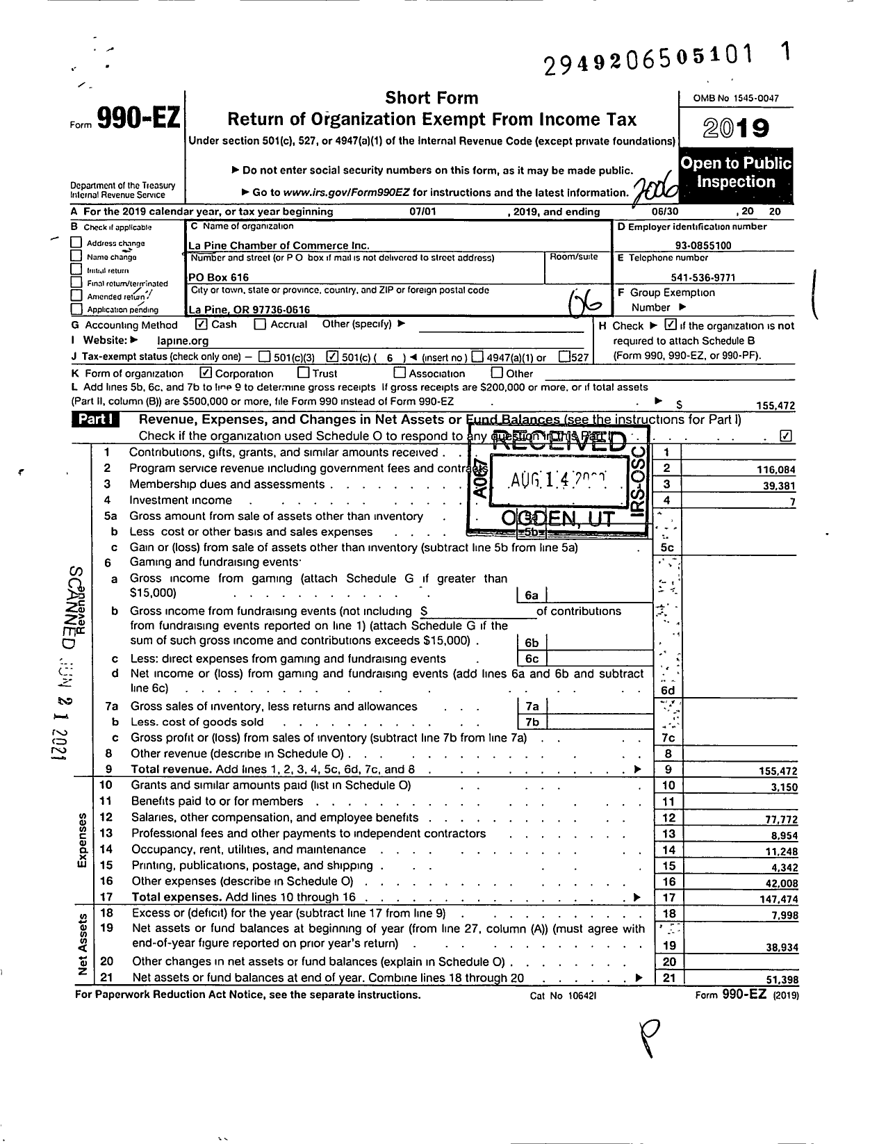 Image of first page of 2019 Form 990EO for Lapine Chamber of Commerce