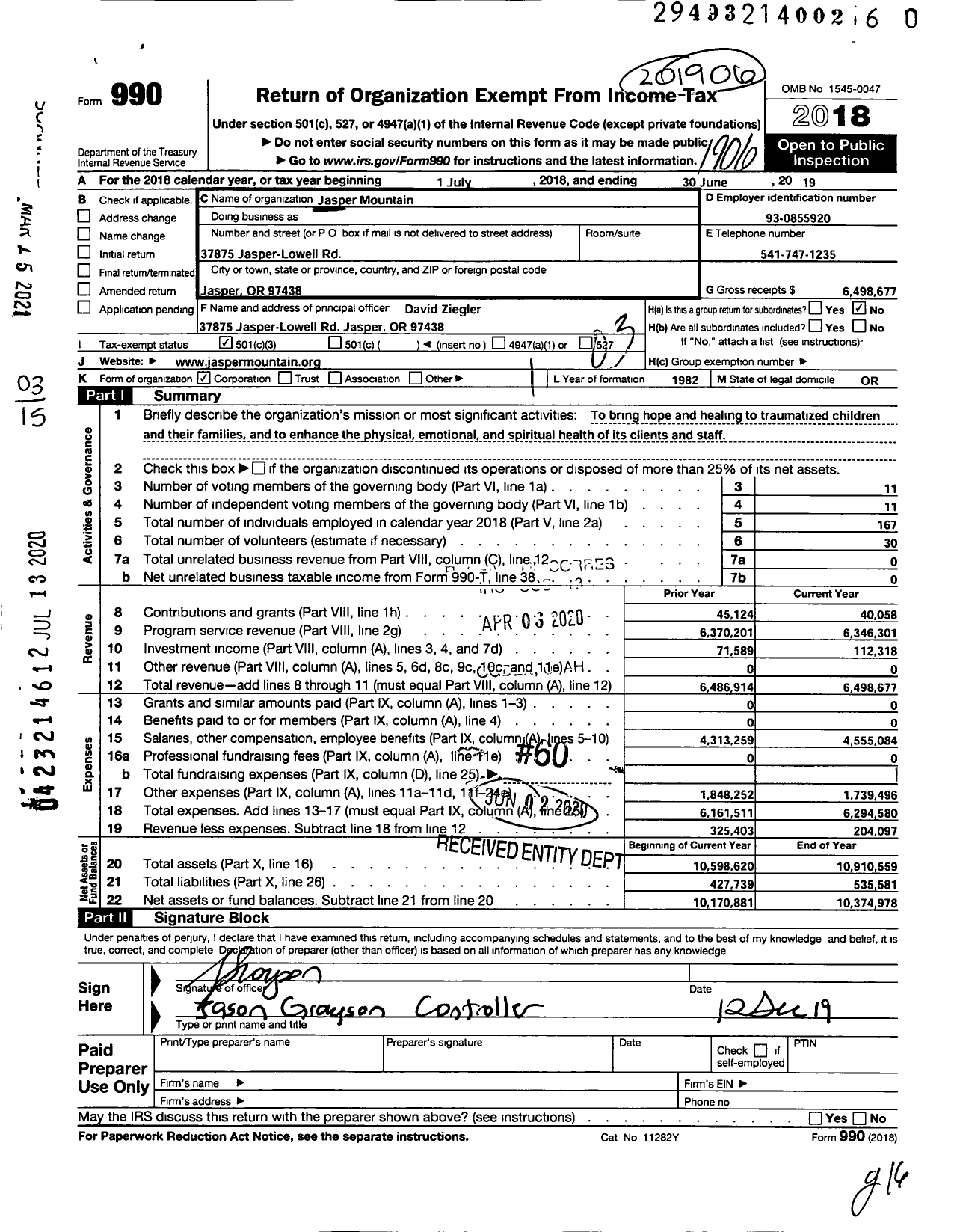 Image of first page of 2018 Form 990 for Jasper Mountain