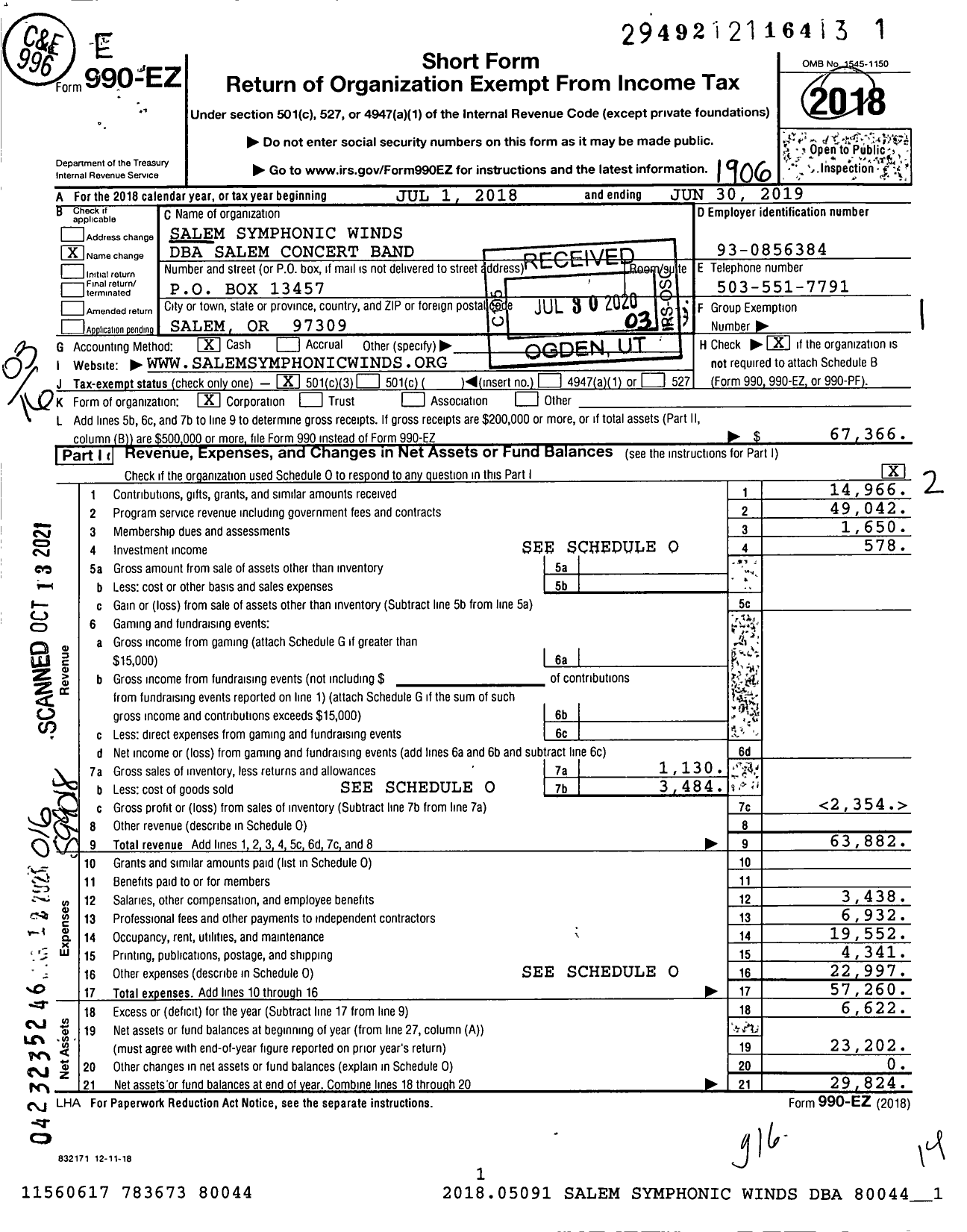 Image of first page of 2018 Form 990EZ for Salem Concert Band