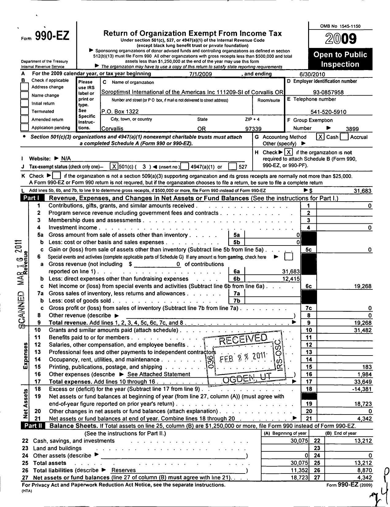 Image of first page of 2009 Form 990EZ for Soroptimist International of the Americas - 111209 Corvallis Or