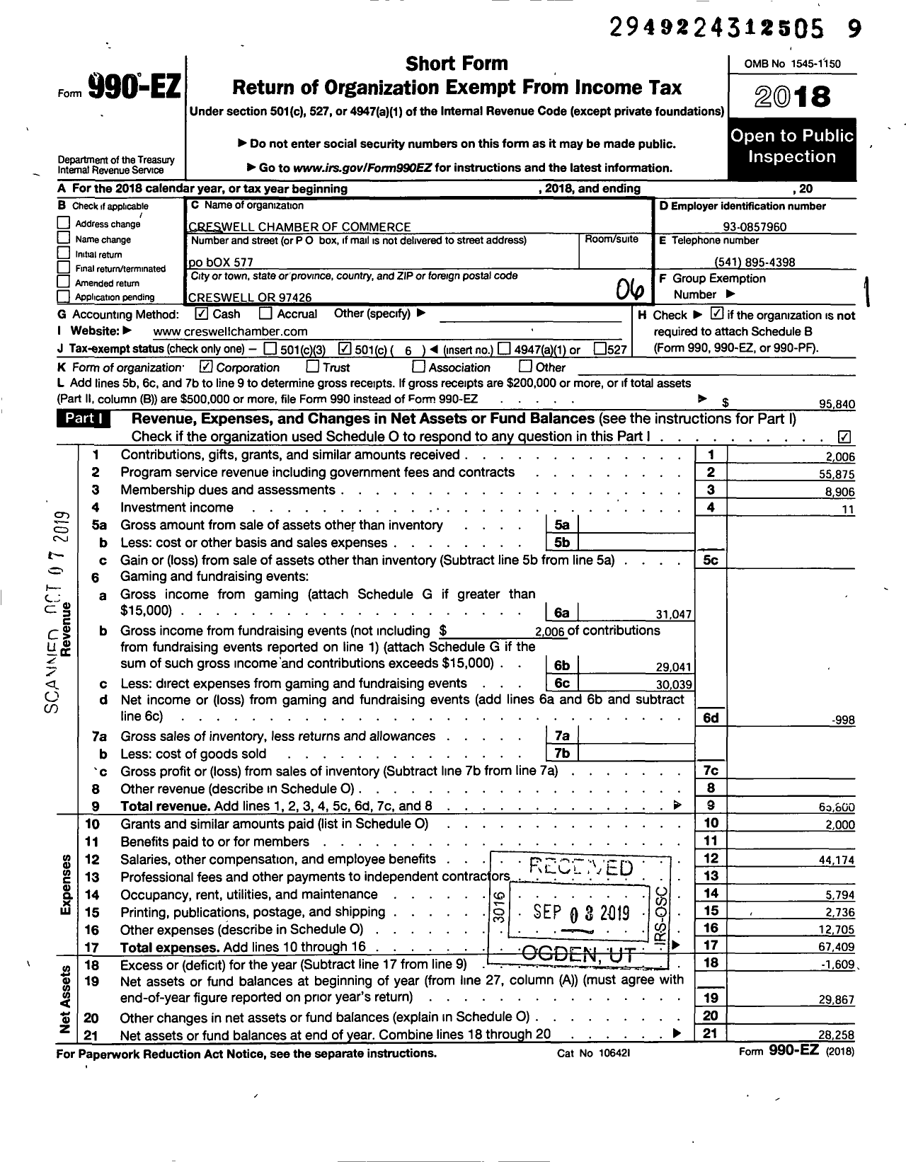 Image of first page of 2018 Form 990EO for Creswell Chamber of Commerce