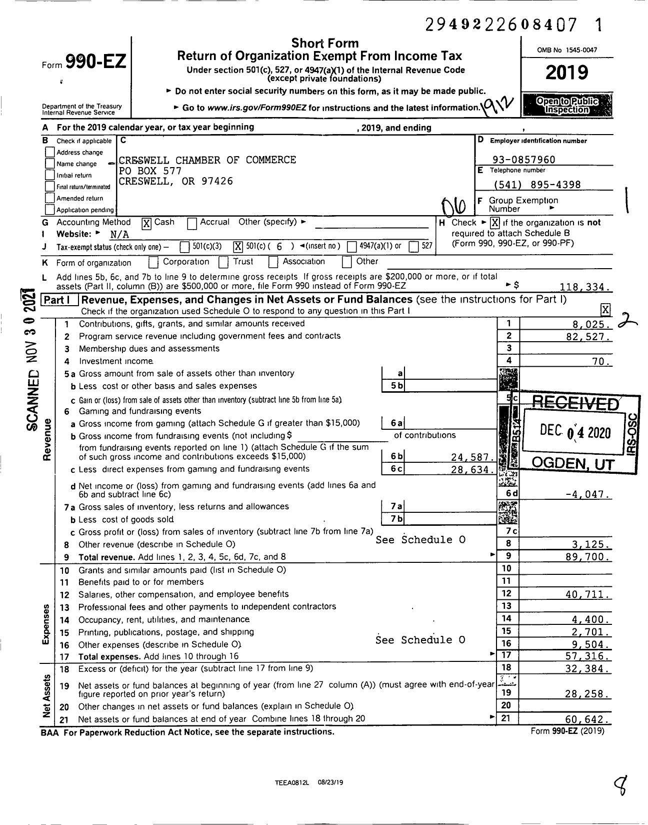 Image of first page of 2019 Form 990EO for Creswell Chamber of Commerce