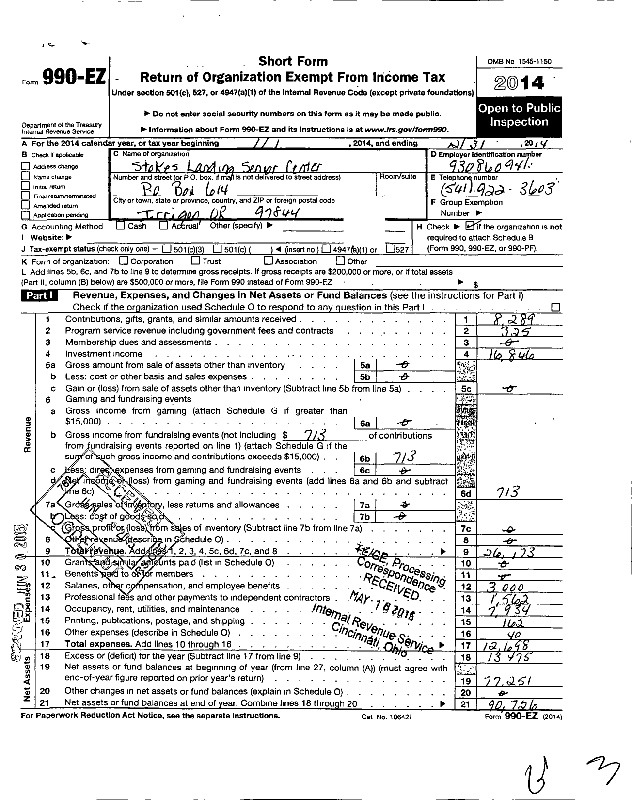 Image of first page of 2014 Form 990EO for Stokes Landing Senior Center of Irrigon Oregon Board of Directors