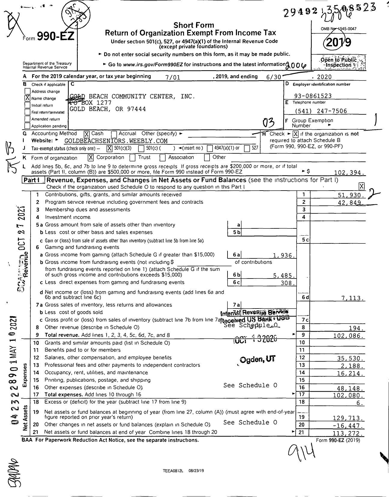 Image of first page of 2019 Form 990EZ for Gold Beach Community Center
