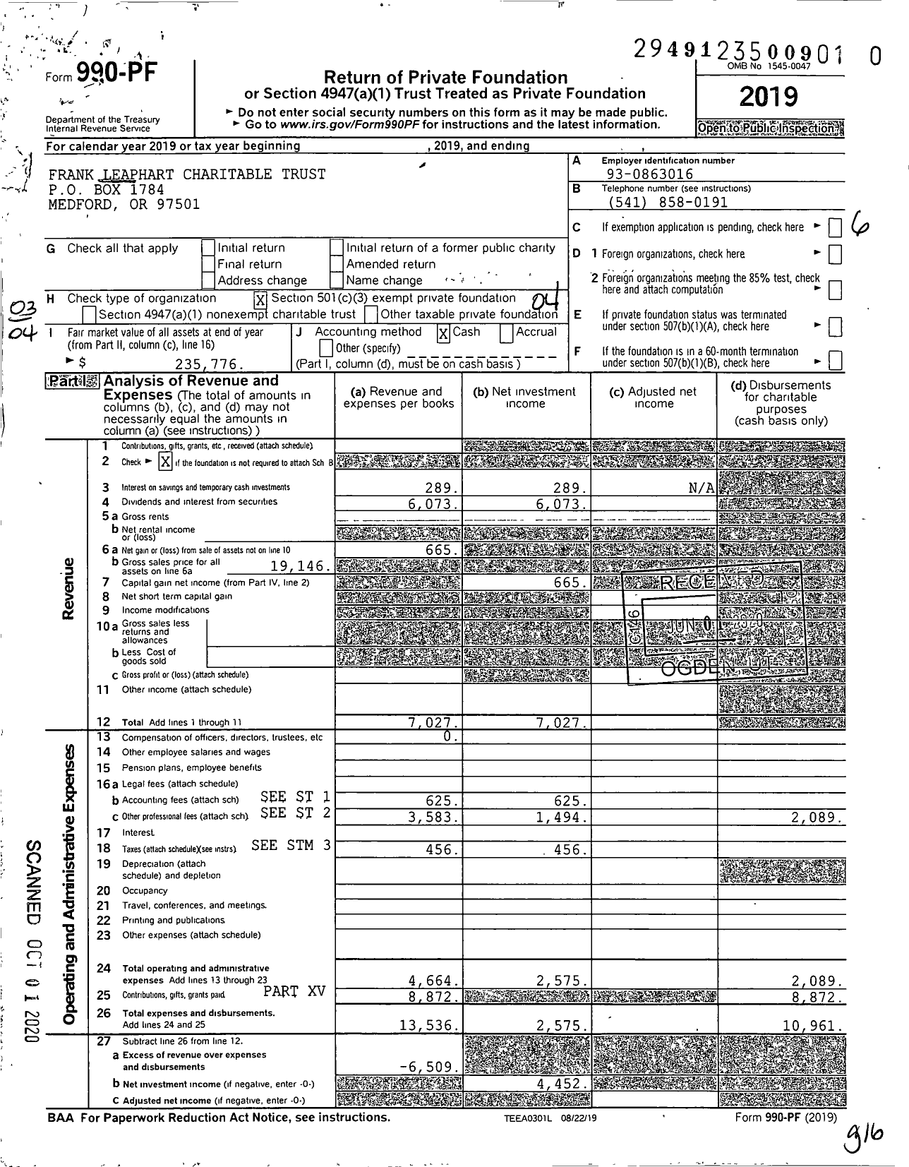 Image of first page of 2019 Form 990PR for Frank Leaphart Charitable Trust