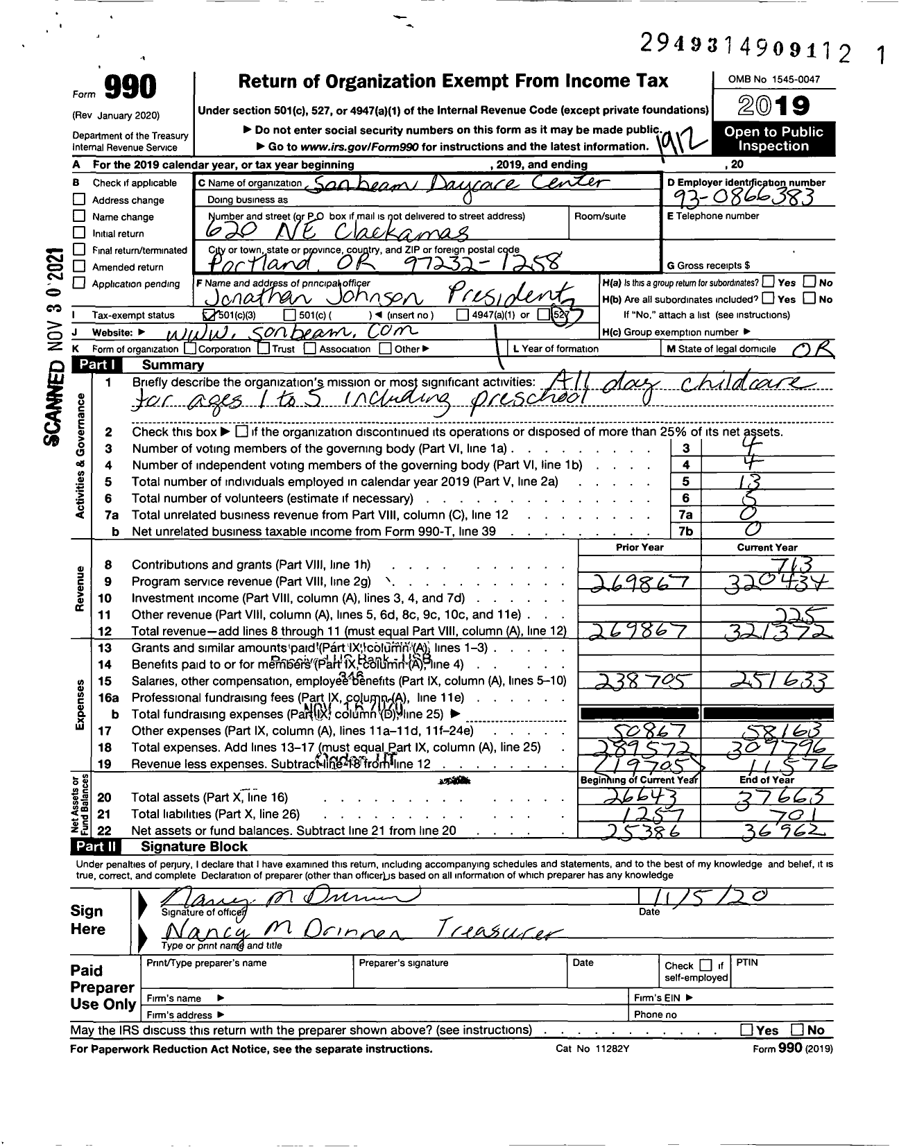 Image of first page of 2019 Form 990 for Sonbeam Daycare Center