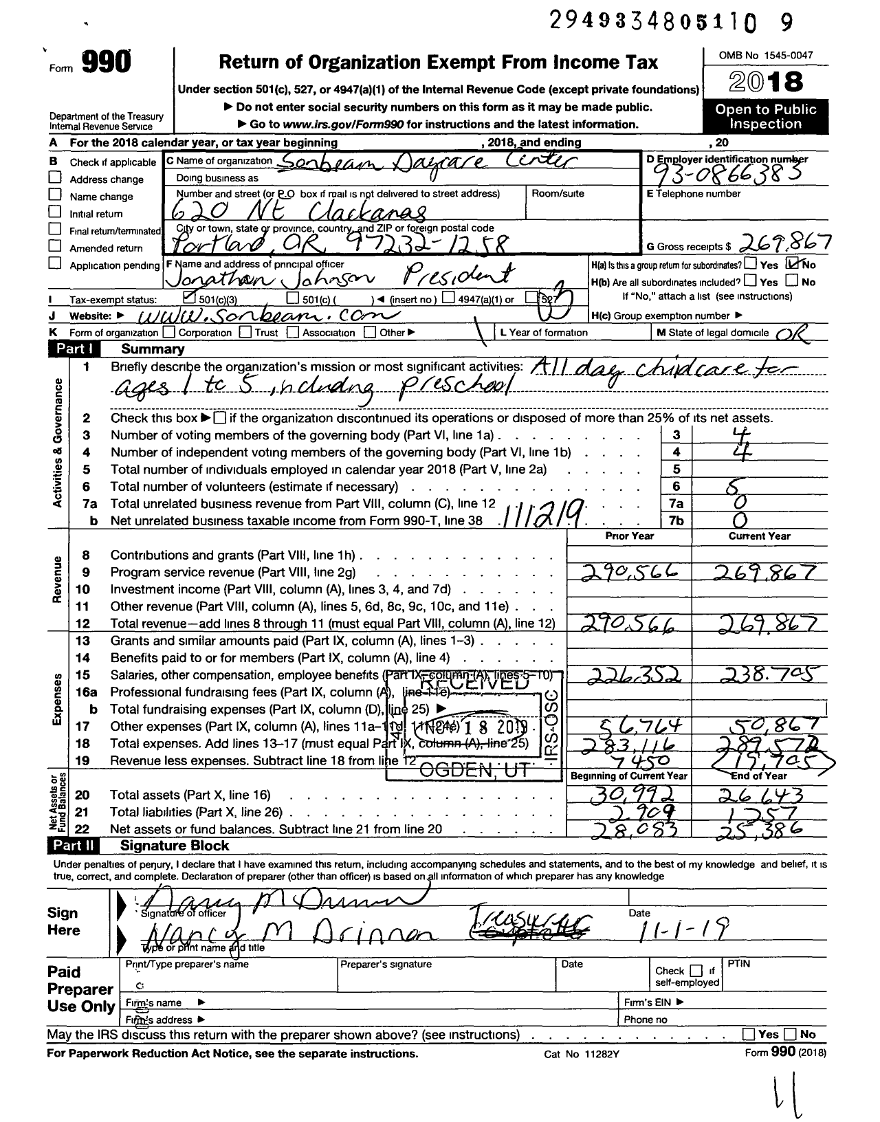 Image of first page of 2018 Form 990 for Sonbeam Daycare Center