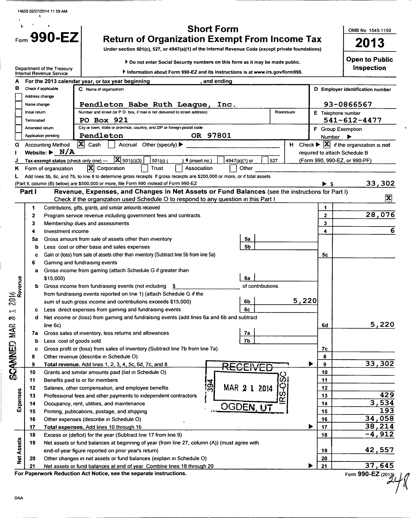 Image of first page of 2013 Form 990EZ for Pendleton Babe Ruth League