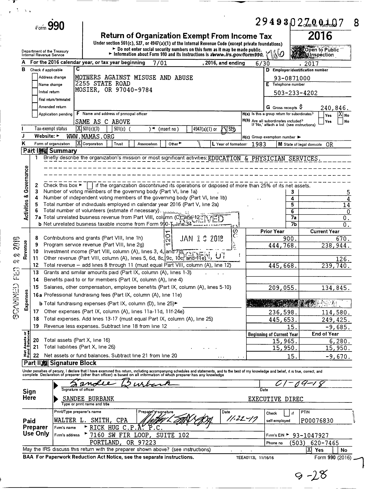 Image of first page of 2016 Form 990 for Mothers Against Misuse and Abuse (MAMA)