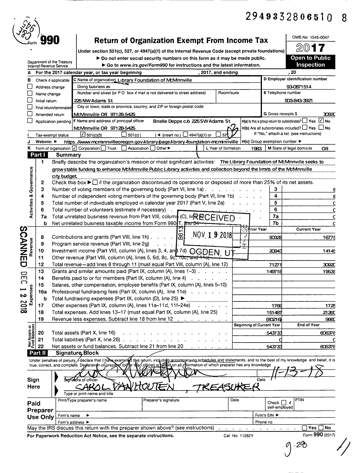 Image of first page of 2017 Form 990 for Library Foundation of McMinnville