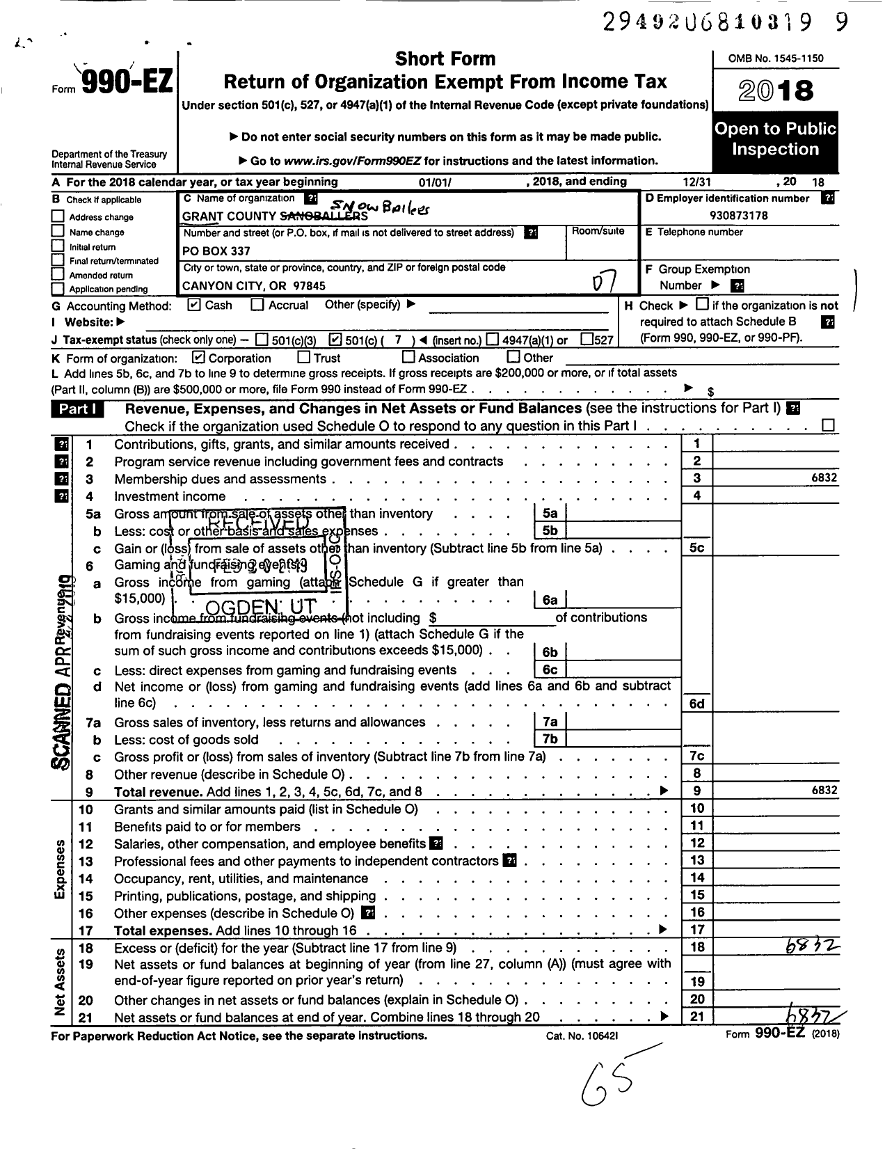 Image of first page of 2018 Form 990EO for Grant County Snow Ballers