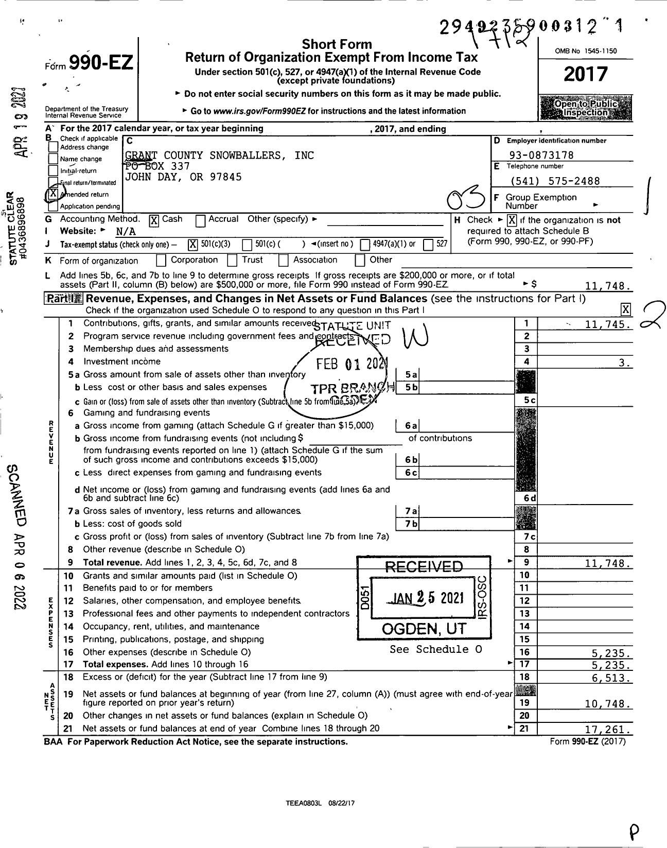 Image of first page of 2017 Form 990EZ for Grant County Snow Ballers