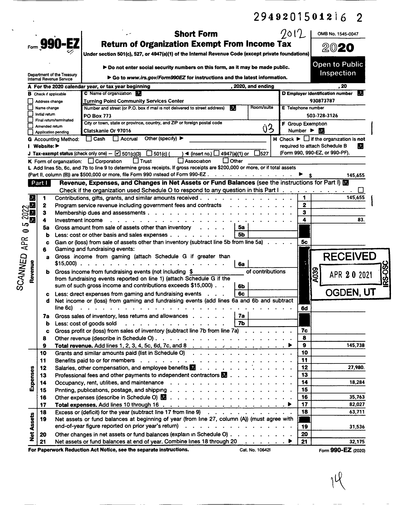 Image of first page of 2020 Form 990EZ for Turning Point Community Center