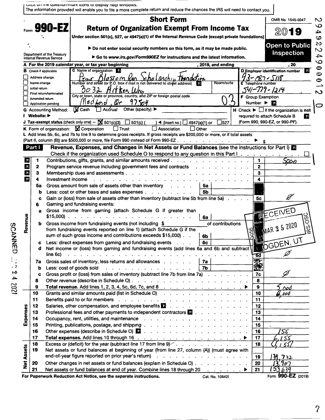 Image of first page of 2019 Form 990EZ for Pear Blossom Run Scholarship Foundation