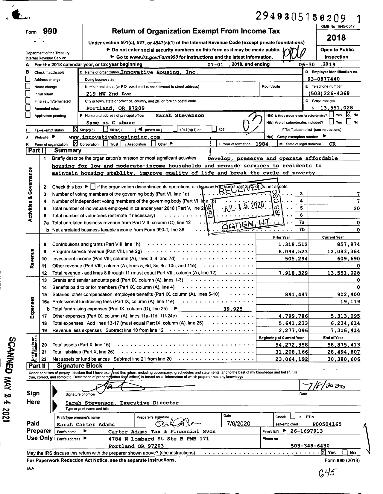 Image of first page of 2018 Form 990 for Innovative Housing Incorporated (IHI)