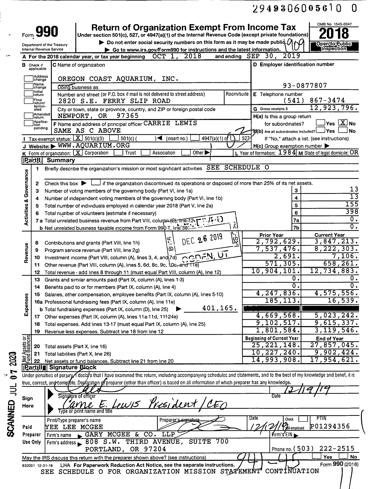 Image of first page of 2018 Form 990 for Oregon Coast Aquarium