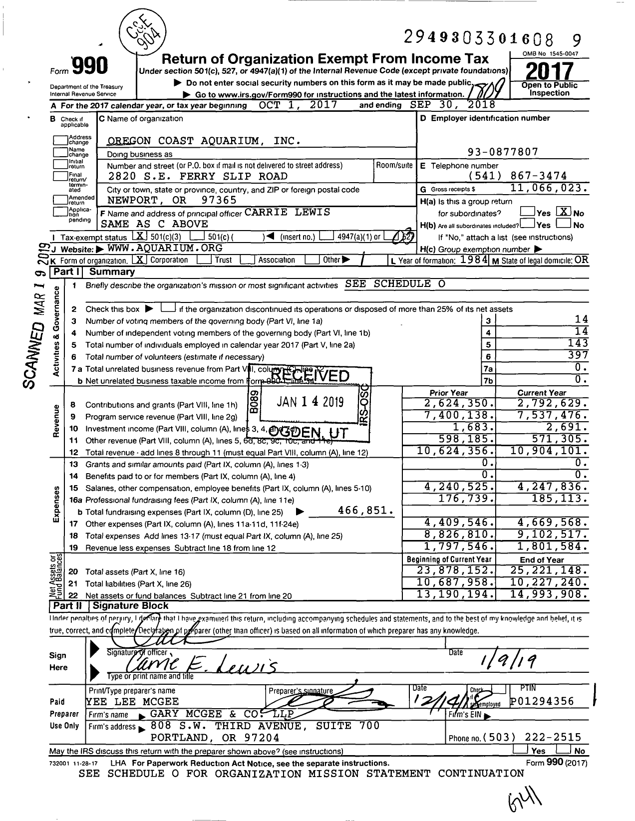 Image of first page of 2017 Form 990 for Oregon Coast Aquarium
