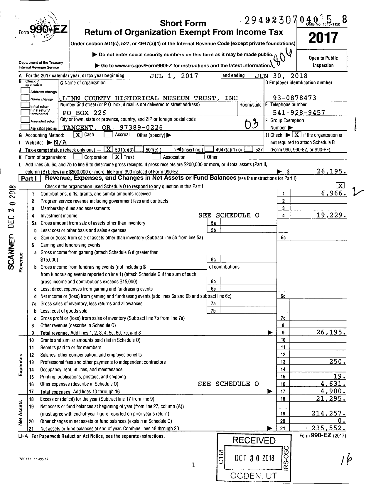 Image of first page of 2017 Form 990EZ for Linn County Historical Museum Trust