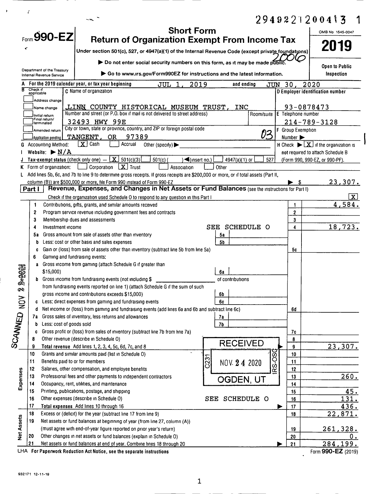 Image of first page of 2019 Form 990EZ for Linn County Historical Museum Trust