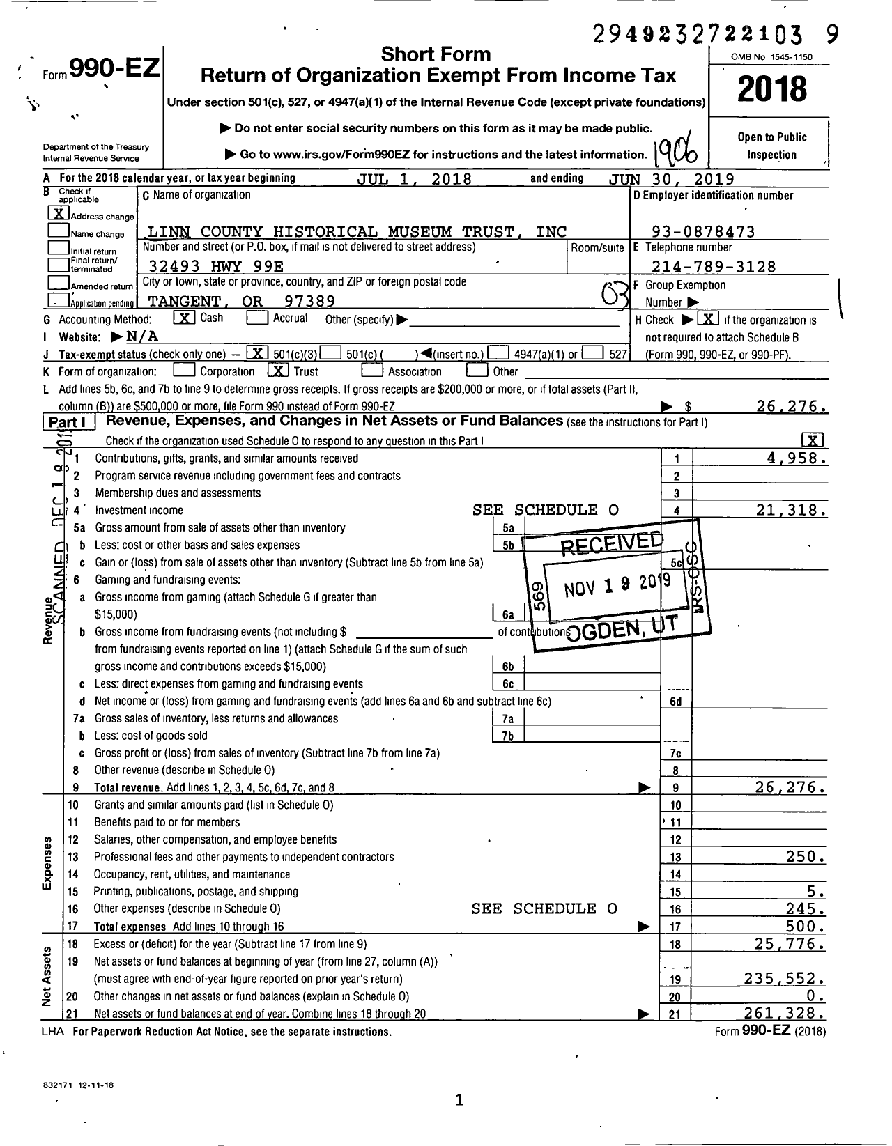 Image of first page of 2018 Form 990EZ for Linn County Historical Museum Trust