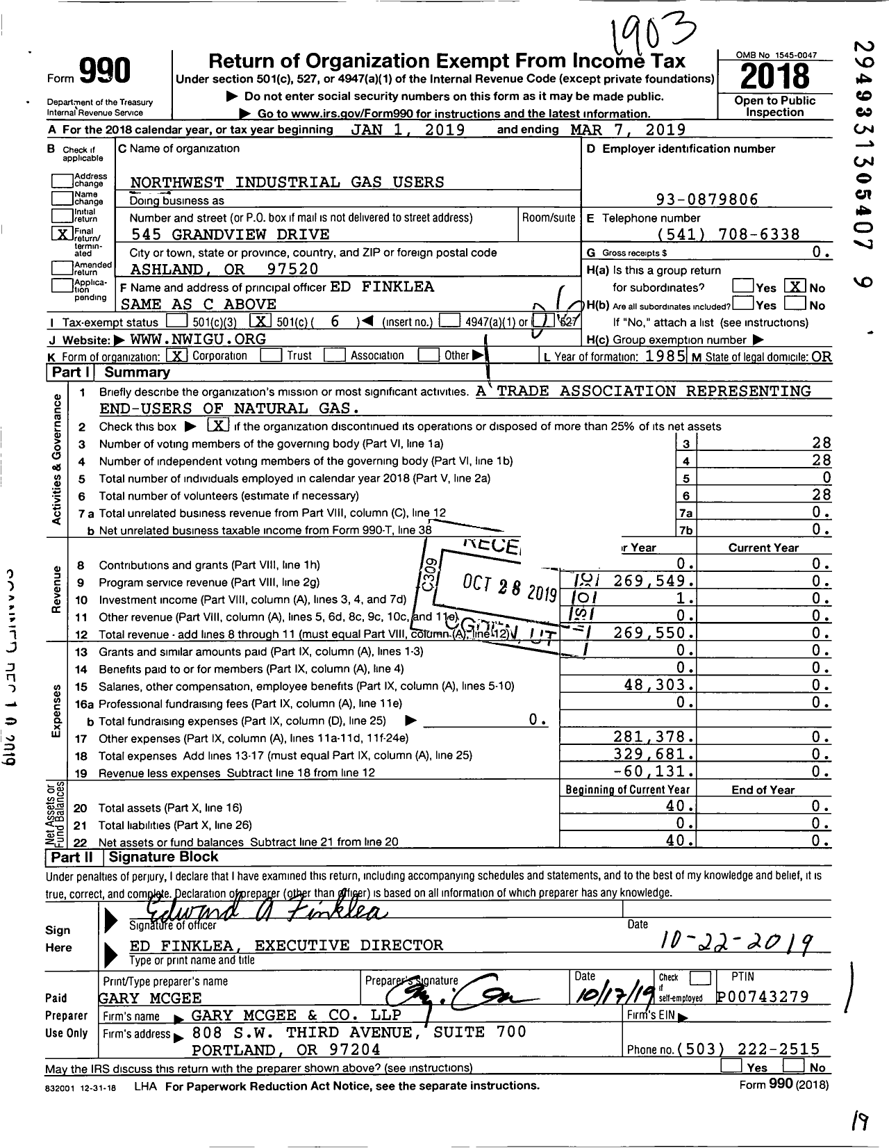 Image of first page of 2018 Form 990O for Northwest Industrial Gas Users